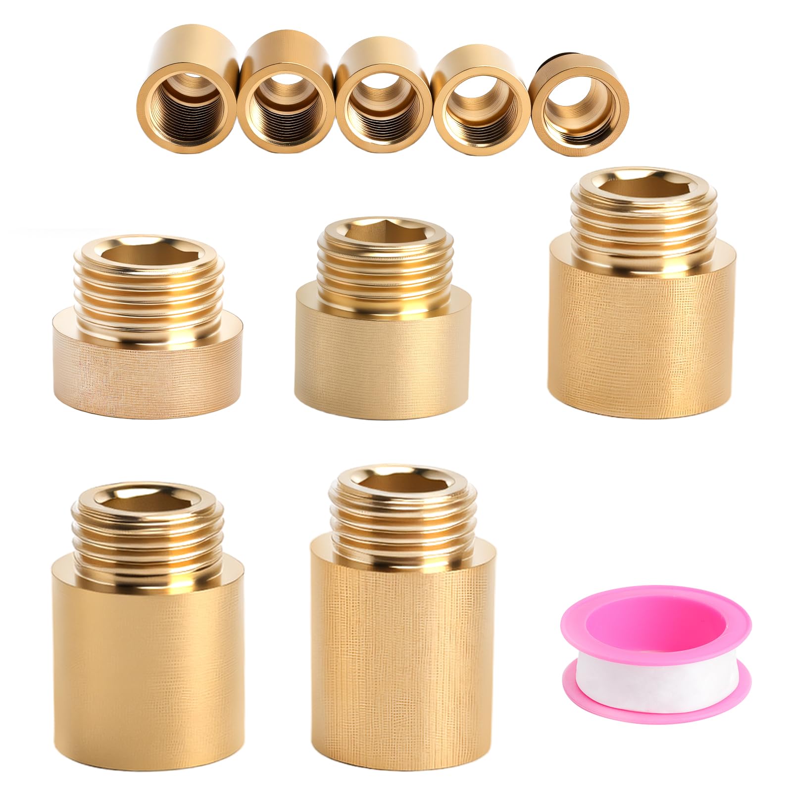 5 Piezas de Extensión para Grifo de 1/2 Pulgada, Extensión para Grifo de Latón, Extensións De 1/2 Pulgada X10 mm/15 mm/20 mm/25 mm/30 mm, para Grifos, Agua Potable, con Cinta de Materia Prima