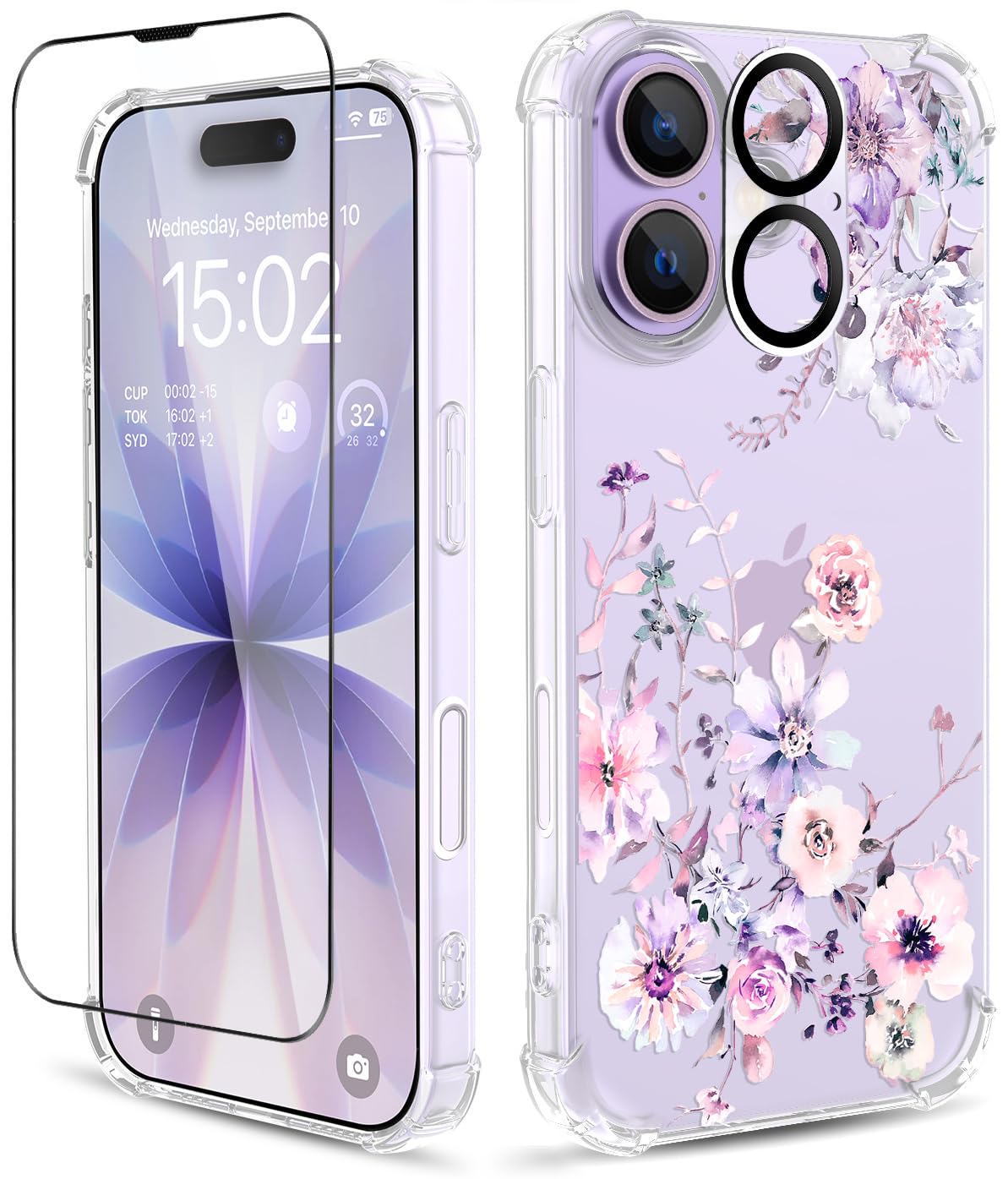Photo 1 of ilnehc for iPhone 17 Case,[3 in 1] with Screen Protector & Camera Lens Protector, Flower Pattern Design,Clear Soft Shockproof Slim Floral Phone Cover for Women Girls 2025 6.3"(Ink Purple)
