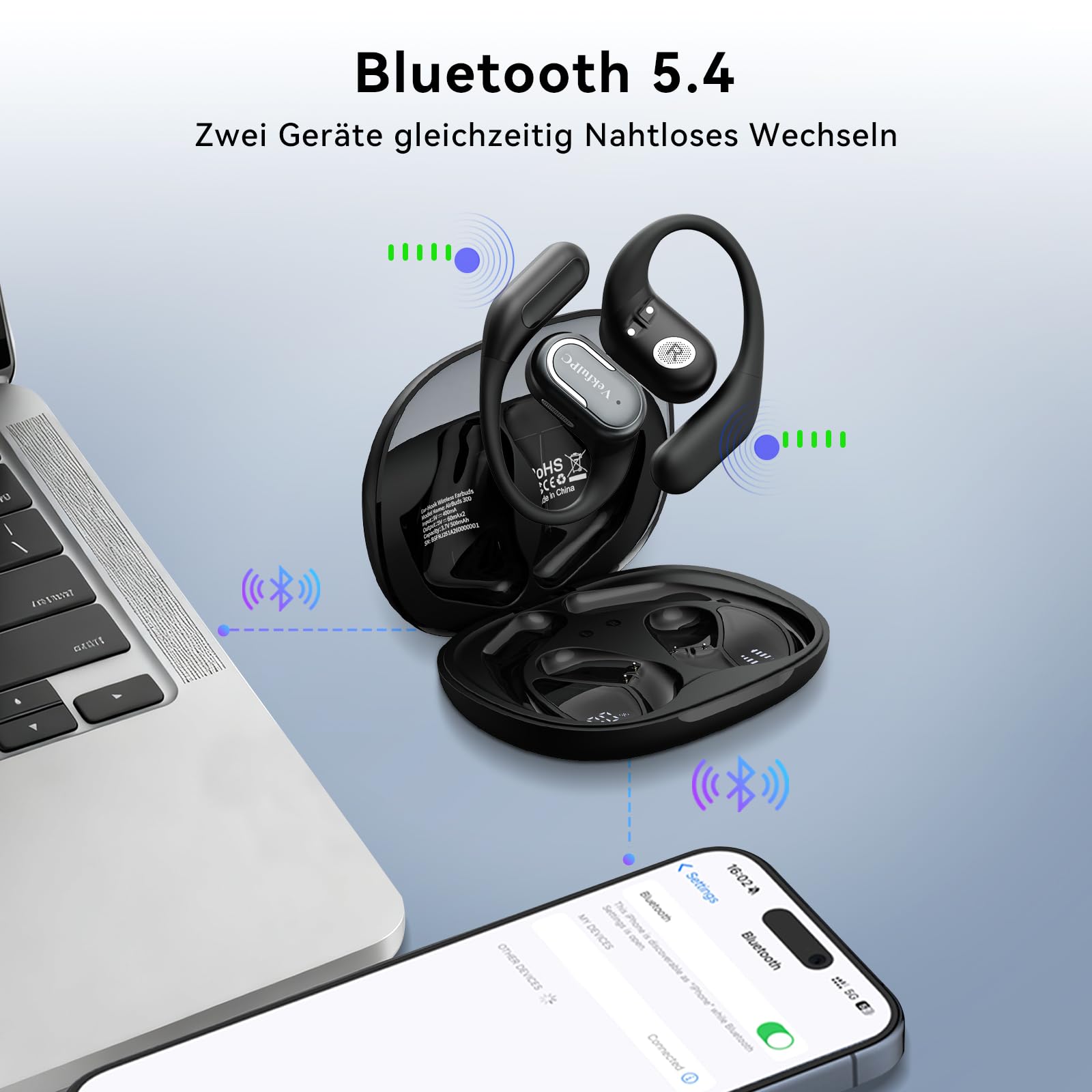 Kopfhörer Kabellos Bluetooth, Open Ear Sport, 11 Stunden Akkulaufzeit, IPX5