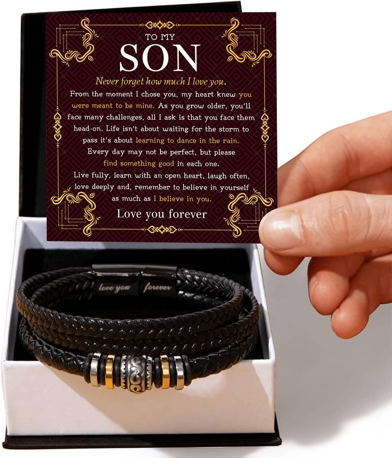 To My Son Bracelet From Father And Mother With Heartfelt Message & Elegant Box, Love You Forever Bracelet Braided Leather, Men's Gift For Son On Christmas, Graduation, Birthday - Image 2
