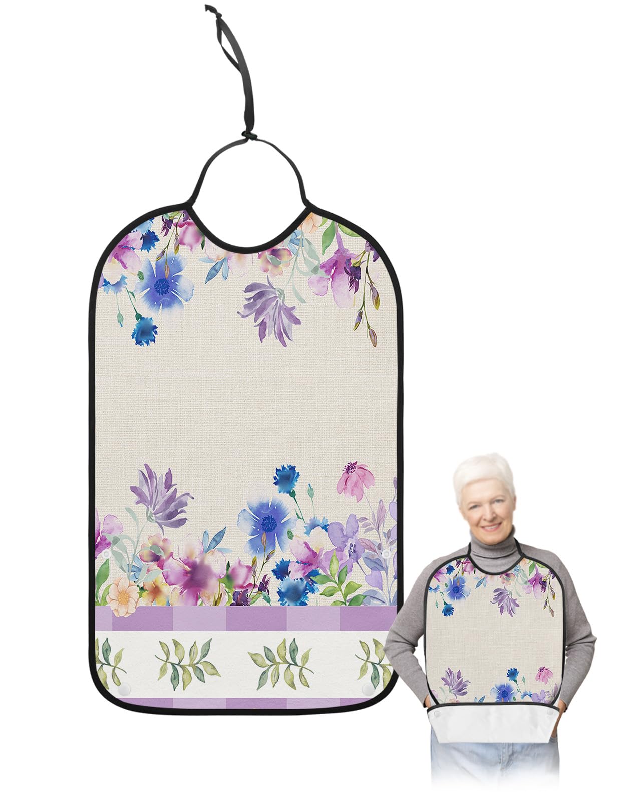 LEOKOTI Purple Blue Flowers Adult Bibs for Eating, Waterproof Bibs with Food Catcher & Snap Closure, Elegant Spring Floral Botanical Rustic Washable Clothing Protectors Adult Bibs for Elderly