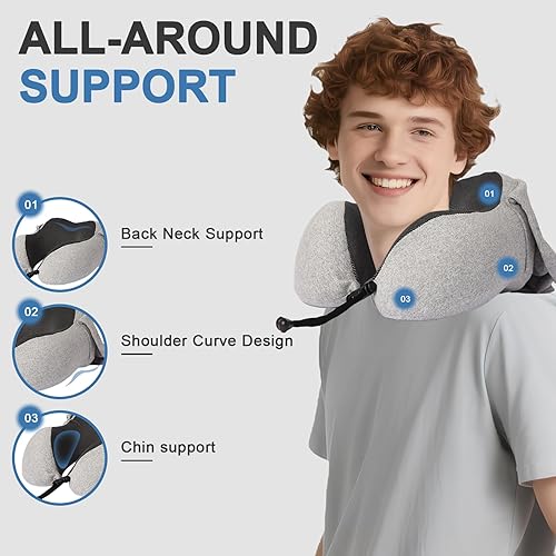 Miniatura 4 de MILKSILK Almohada de cuello de viaje con capucha ajustable, 100% de espuma viscoelástica con bloqueo de luz, almohada de apoyo para el cuello para