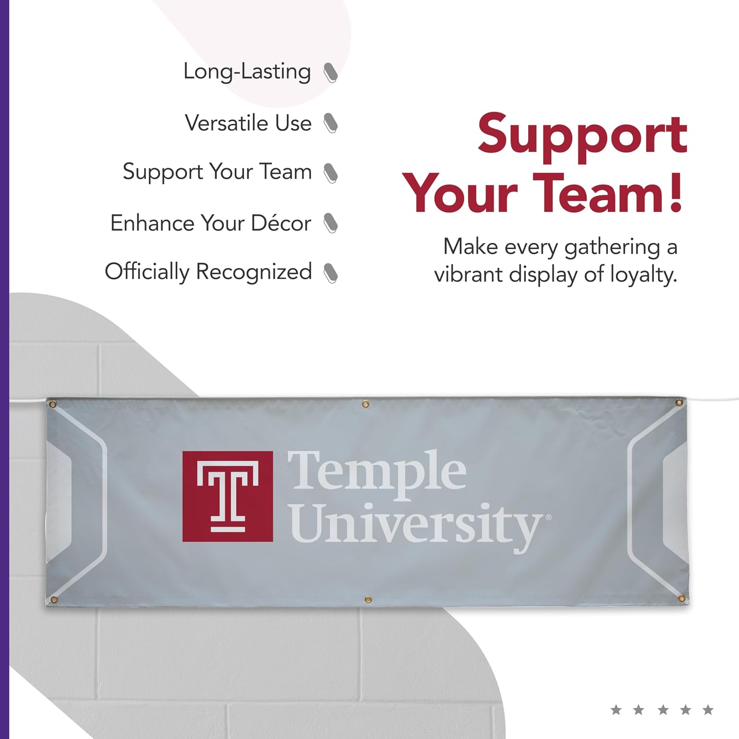 Temple Owls College Sports Printed Outdoor Banner - NCAA Licensed - Durable Vinyl - School Banner (Red, White, Black) (2' x 6')