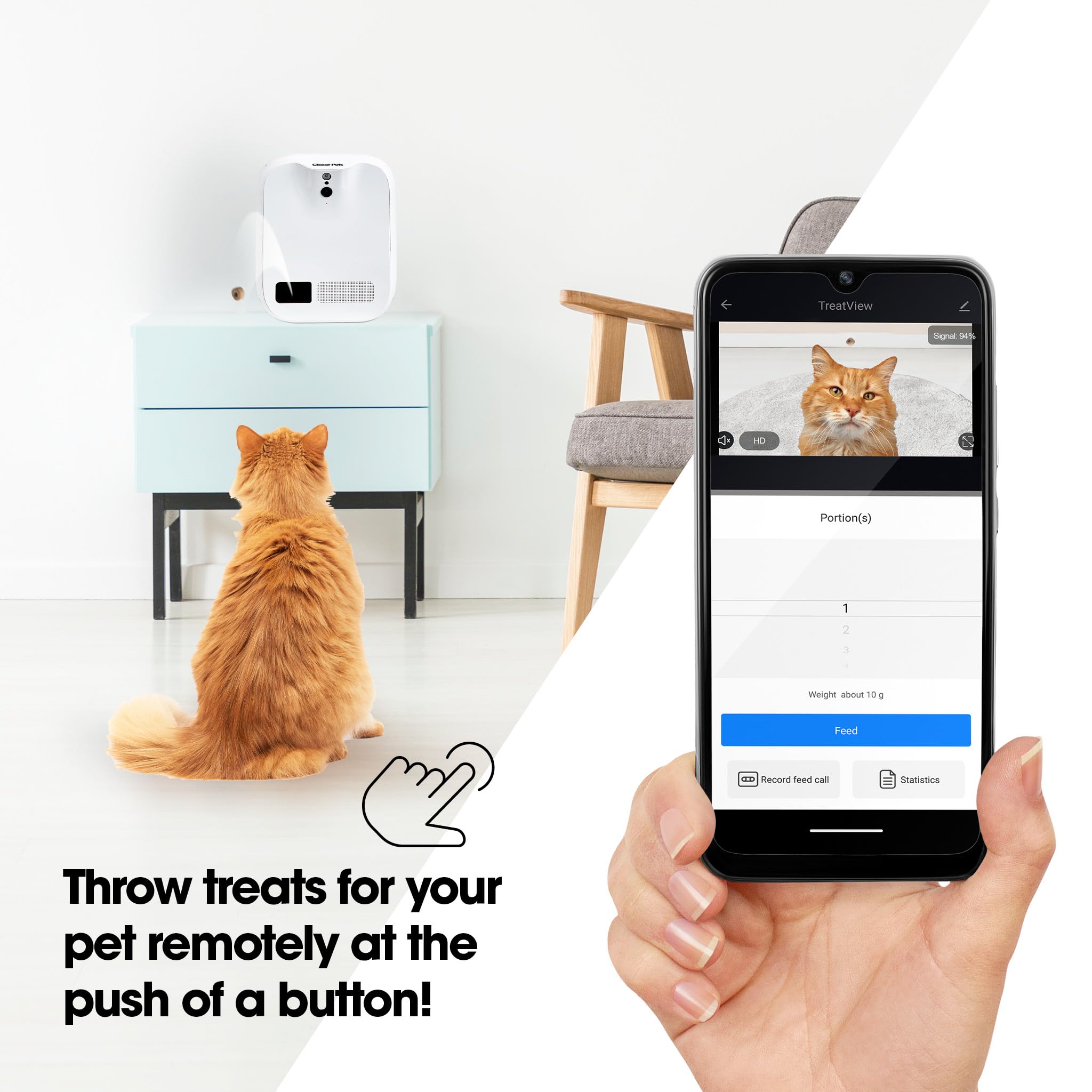 Closer Pets TreatView - Cámara de Seguridad Interior para Mascotas con aplicación para teléfono (Compatible con iOS/Android), con visión Nocturna y dispensador de golosinas Integrado