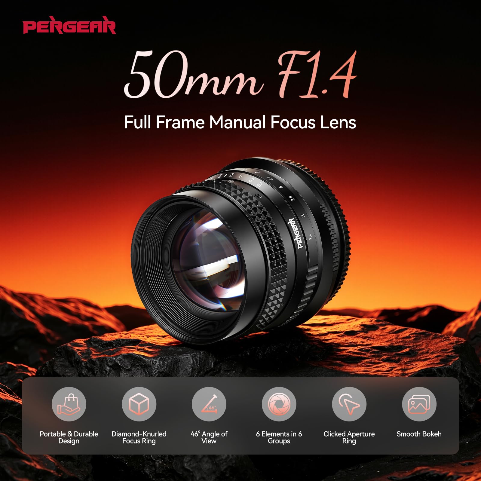 PERGEAR Objetivo de formato completo F1.4 de 50 mm con enfoque manual para cámaras Canon RF | Lente de retrato potente para fotografía similar a una película, ángulo de visión de 46°, compacto y