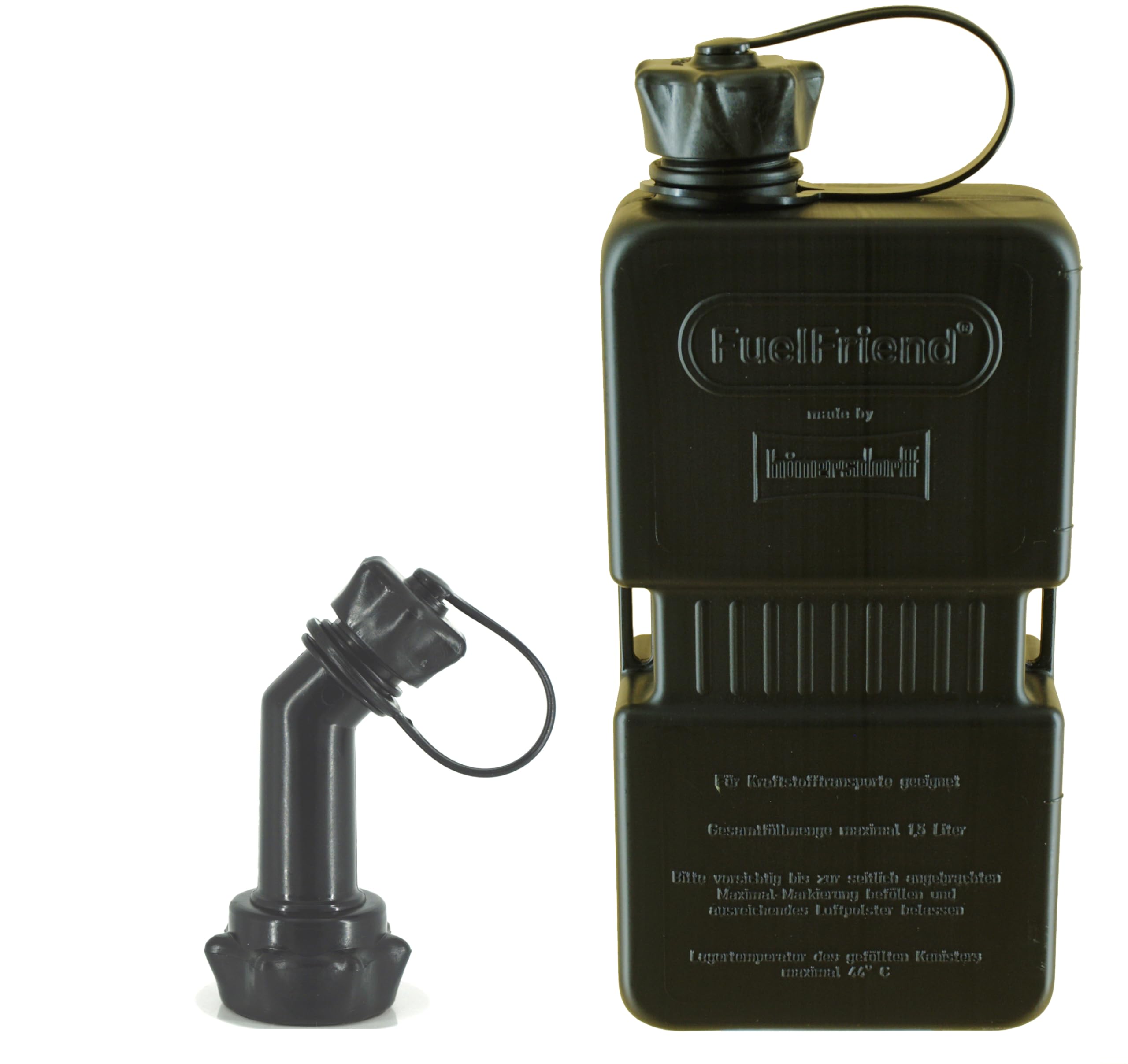 FuelFriend®-PLUS 1.5 liters EXTRA STRONG PURE BLACK - small Petrol Can Mini Reserve Canister + Outlet Pipe Lockable - perfect for motorcycles, cars and more