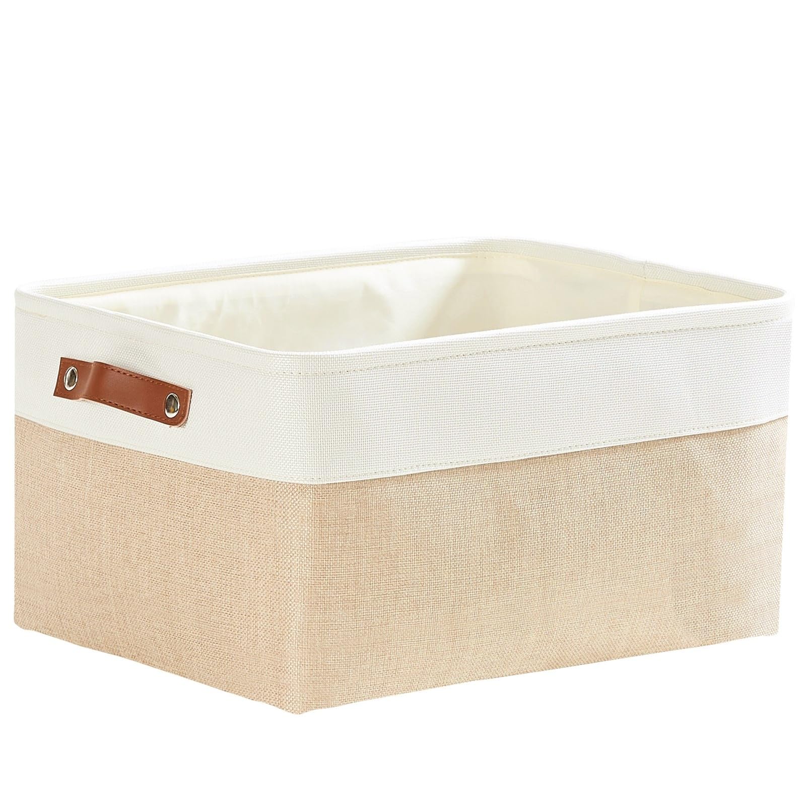 Mangata Foldable Storage Baskets, Thickened Canvas Fabric Storage Box for Home Closet Laundry, Leather Handle(Large, Khaki)