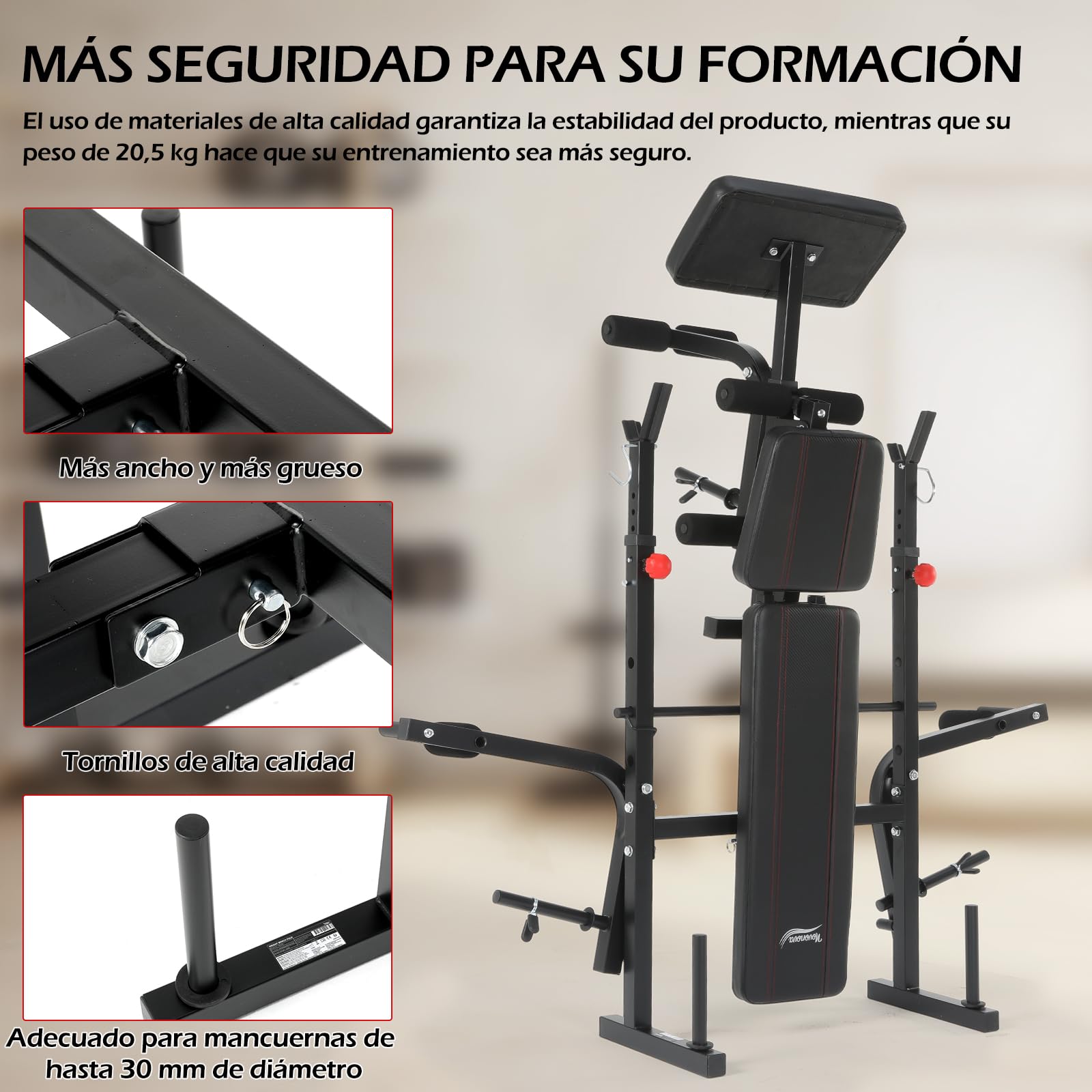 Banco Musculación Plegable, Banco De Musculacion, Press Banca con Soporte para Barra para press de banca, Banco De Pesas Musculación Ajustable con respaldo, soporte para piernas