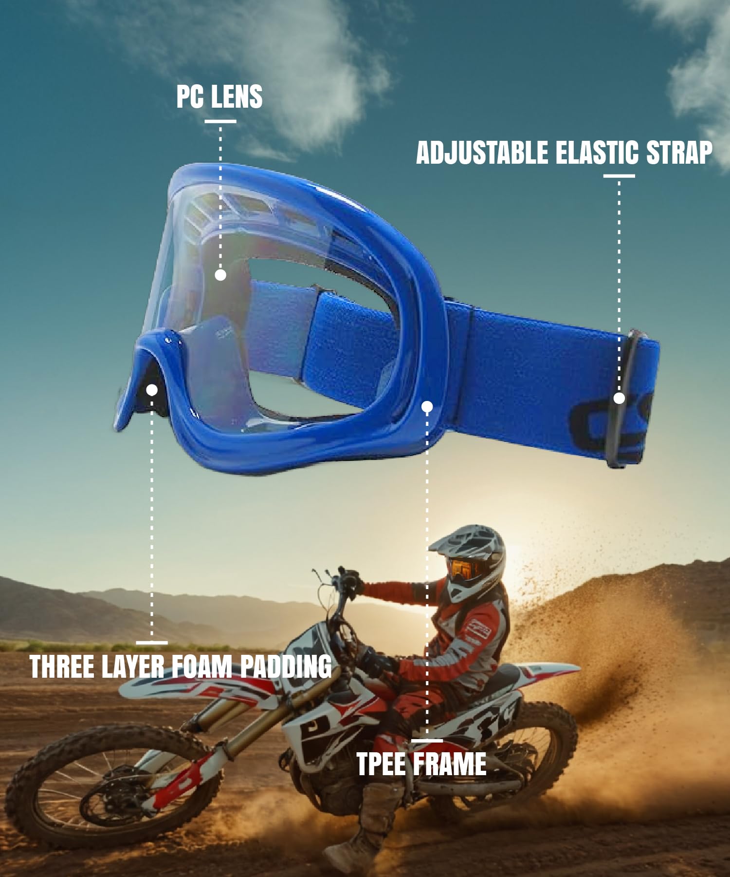 CRG Sports Gafas de motocross, cuatrimoto, todoterreno, color azul, T815-3-3 T815-3-3, lente transparente, marco azul