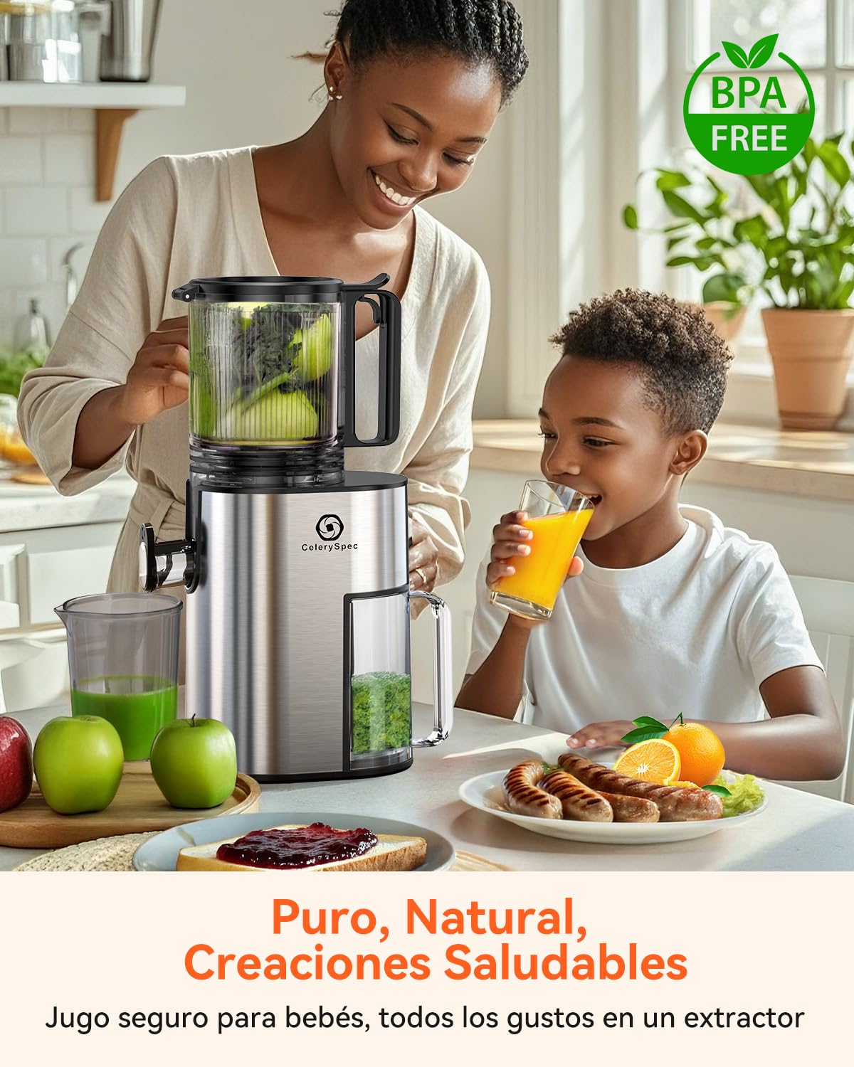 Extractor de Jugos de Frutas y Verduras, Prensado en Frío con Calibre de 130mm, Slow Juicer de 250W, Capacidad de 1,8L, Sin BPA, Fácil de Limpiar, Acero Inoxidable