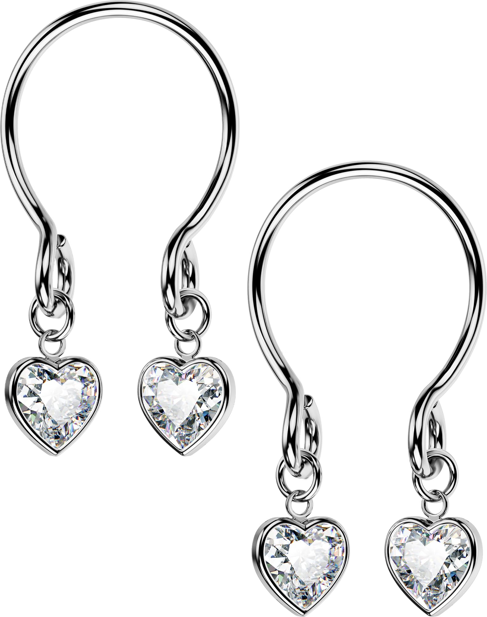 OUFER 2pcs Adjustable Nipple Jewelry, Clear Heart-shape CZ Fake Nipple Rings, Stainless Steel