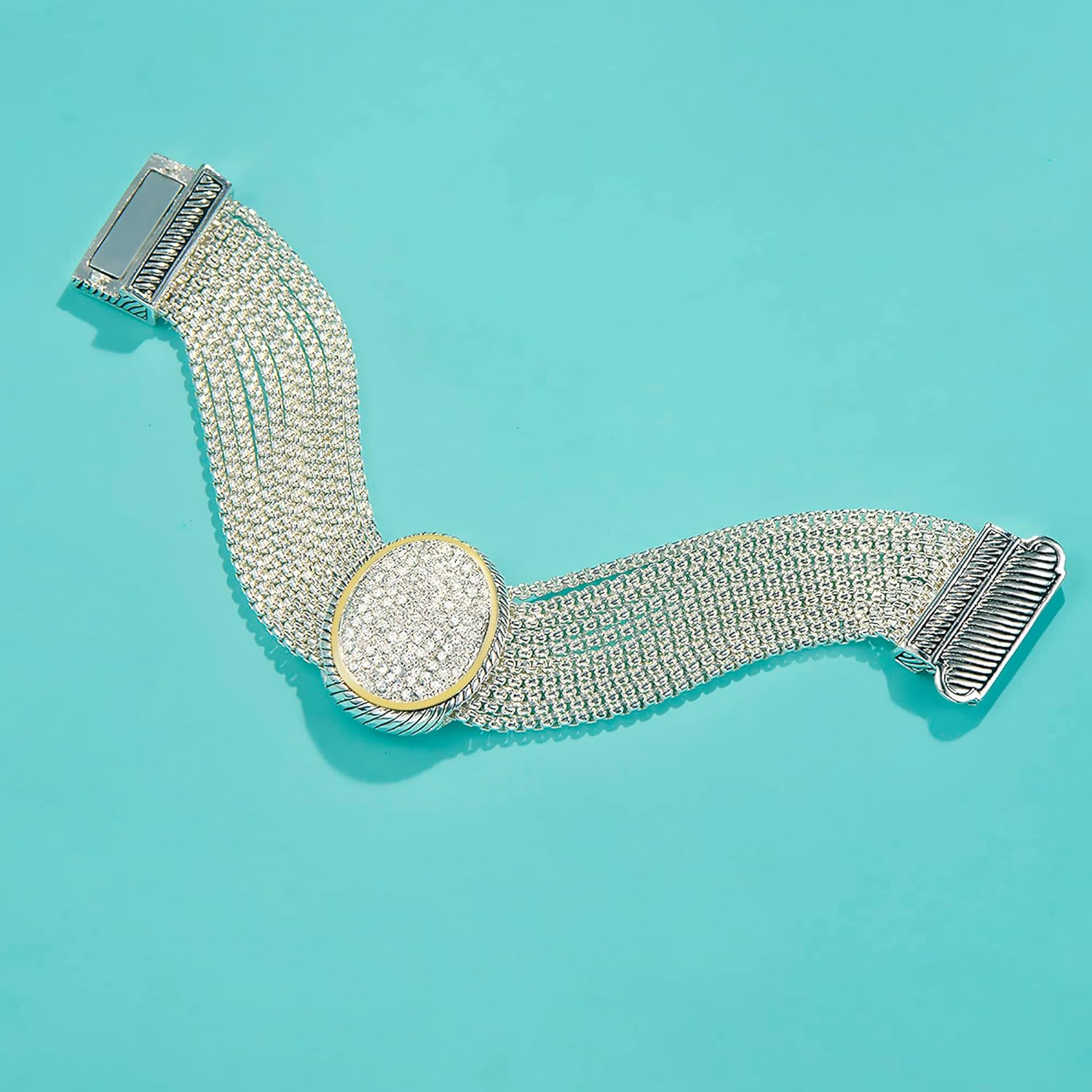 UNY JEWEL Jewelry Make a Statement with Our Two Tone Twisted Cable Wire Oval Multi Strand Box Chain Bracelet Featuring Pave Rhinestone