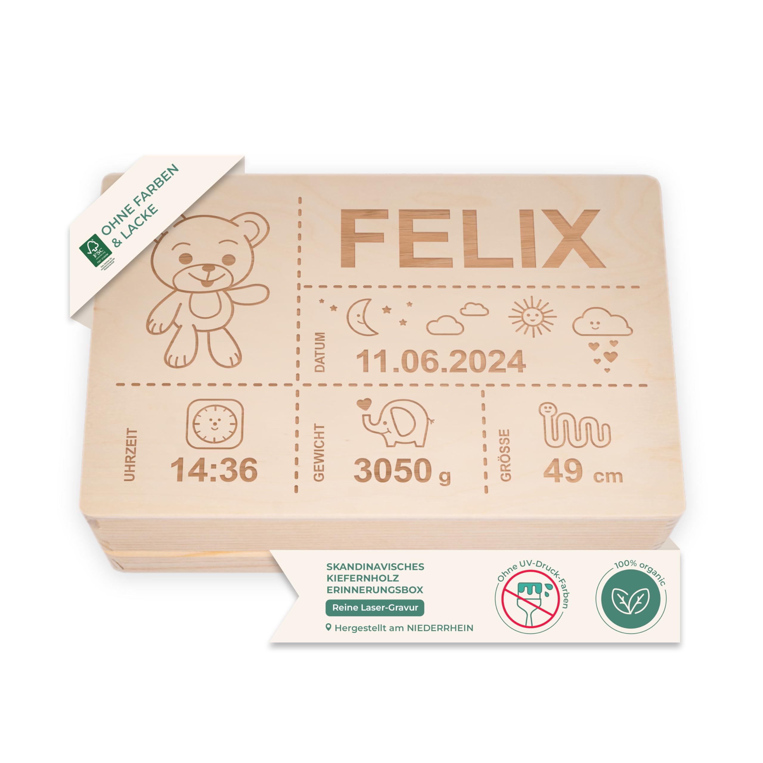 LAUBLUST Erinnerungsbox Baby Personalisiert - Geschenk zur Geburt mit Name | Teddybär, Größen S, M, L, XL - Kinder Erinnerungskiste aus Holz für Mädchen & Jungen | Holzkiste Natur oder Weiß - FSC®