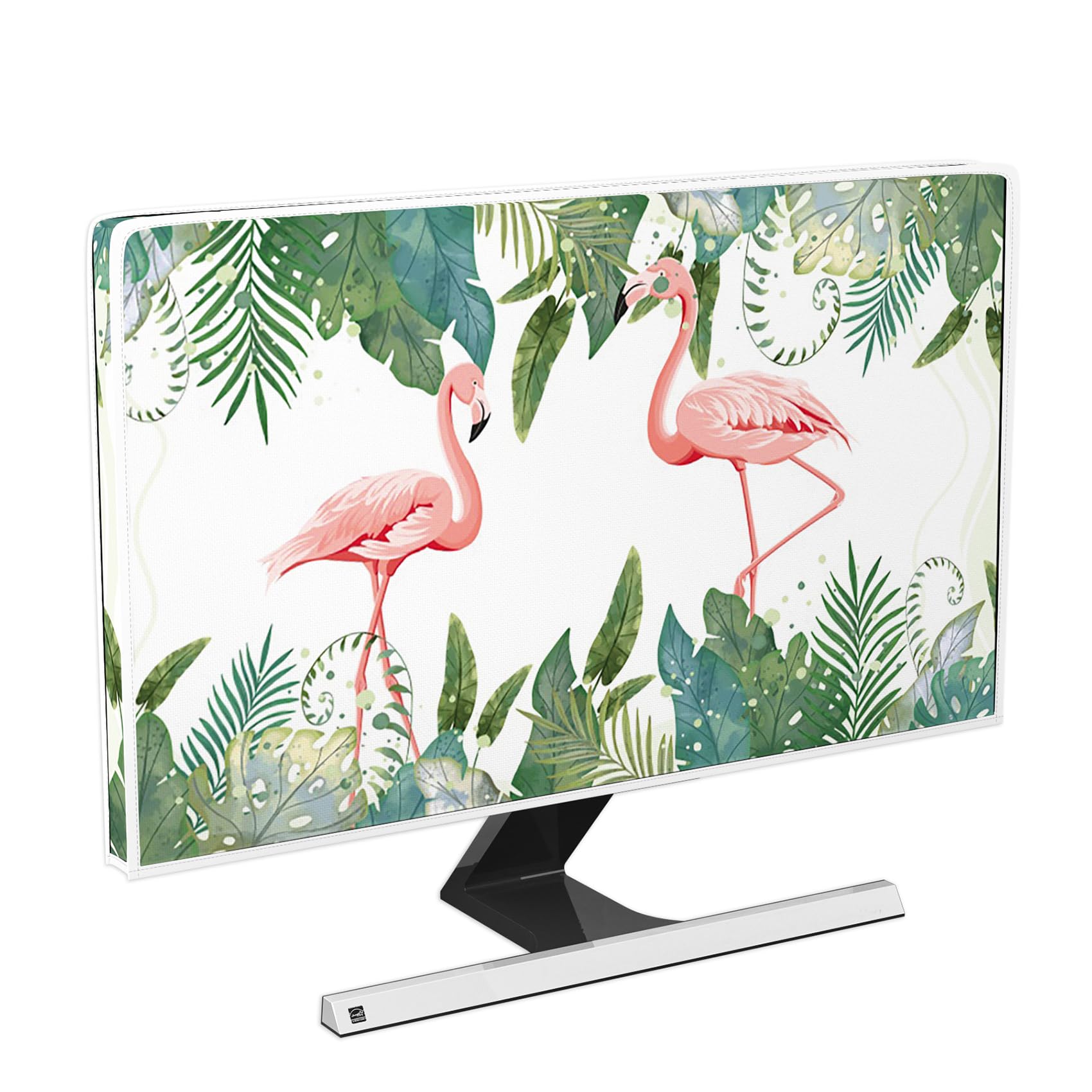 Tropical Flamingo Waterproof Computer Monitor Cover 22, 23, 24, 25 Inch Palm Leaves Dust Proof Monitor Covers for Computer Screen Decorative Full Body Cover for Computer Screen，Green and Pink