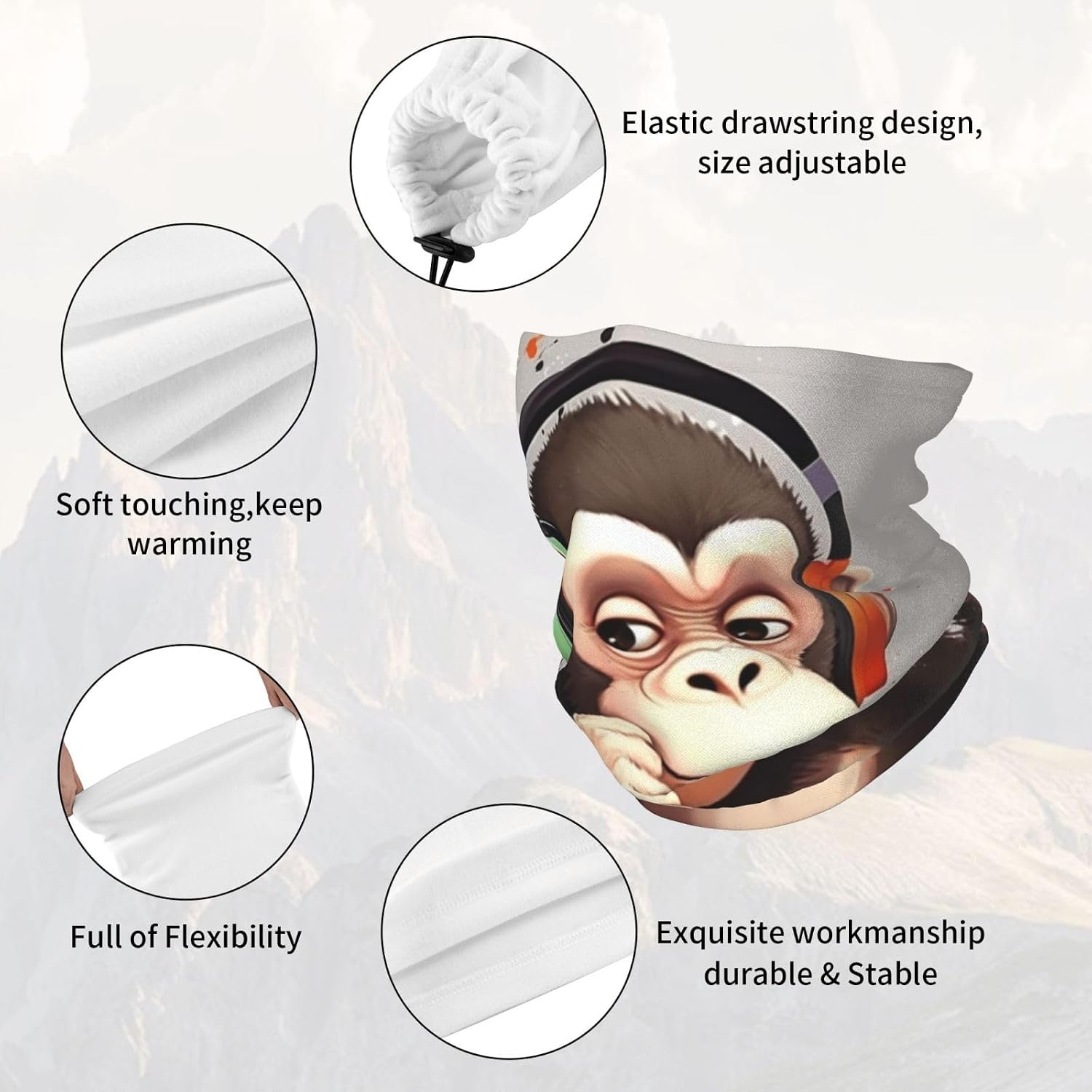Neck Warmer Winter, Music Monkey Print For Cold Weather Winter Face Mask,Thick Warm Neck Gaiter Face Scarf,For Men Women Skiing Cycling - With Rope