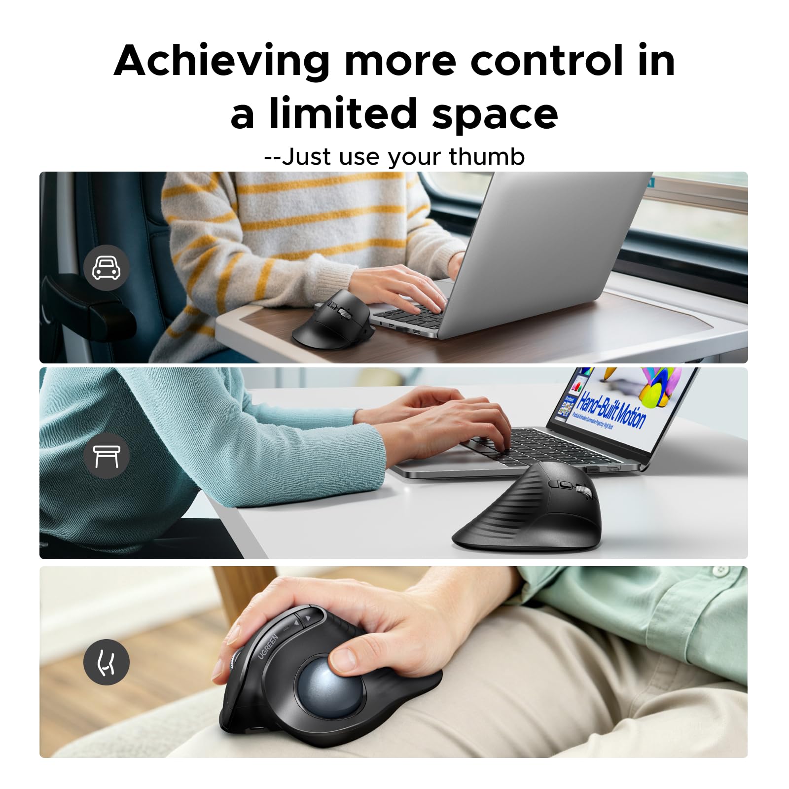 UGREEN Bezprzewodowa mysz z trackballem, ergonomiczna mysz Bluetooth z akumulatorem i sterowaniem palcami, ultraszybkim przewijaniem, 2,4 GHz i podwójnym Bluetooth