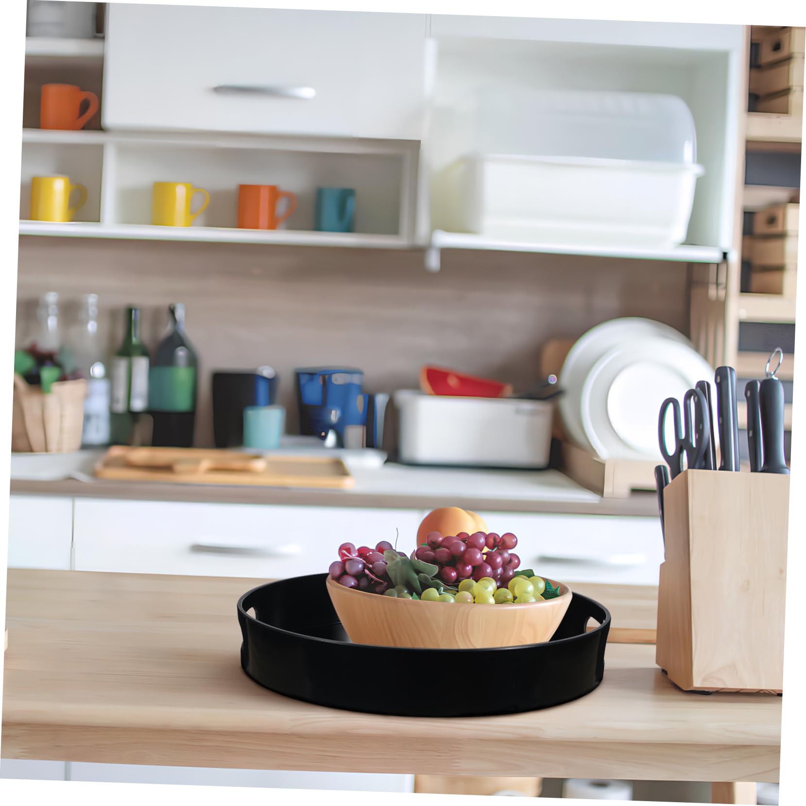 Bandeja Redonda Decorativa Mediana Negra con Asas de Plástico | Exhibir Objetos, Diseño Simple y Elegante, Fácil de Transportar, Uso Versátil en Hogar