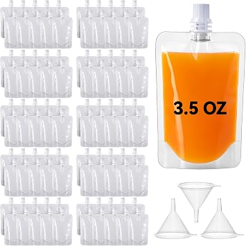 200Pcs Plastic Drink Pouches Bulk, 3.5 oz Reusable Drink Pouch with Funnel