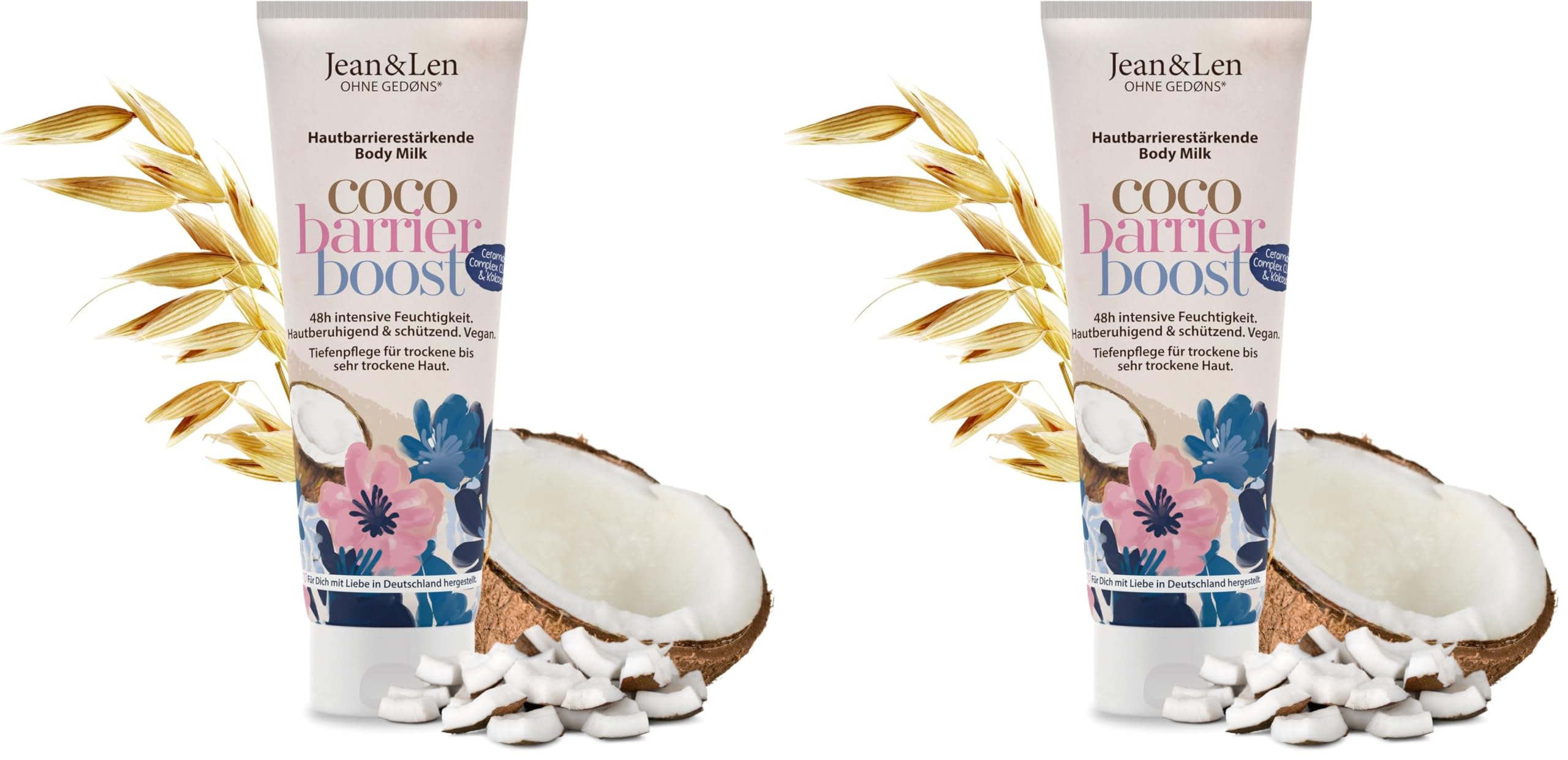 Jean & Len Body Milk Ceramide Complex & Kokosöl, reichhaltige Textur, hautbarrierestärkende Pflegeformel, Kokos-Duft, Bodylotion für trockene bis sehr trockene Haut, ohne Parabene & Silikone, 250 ml