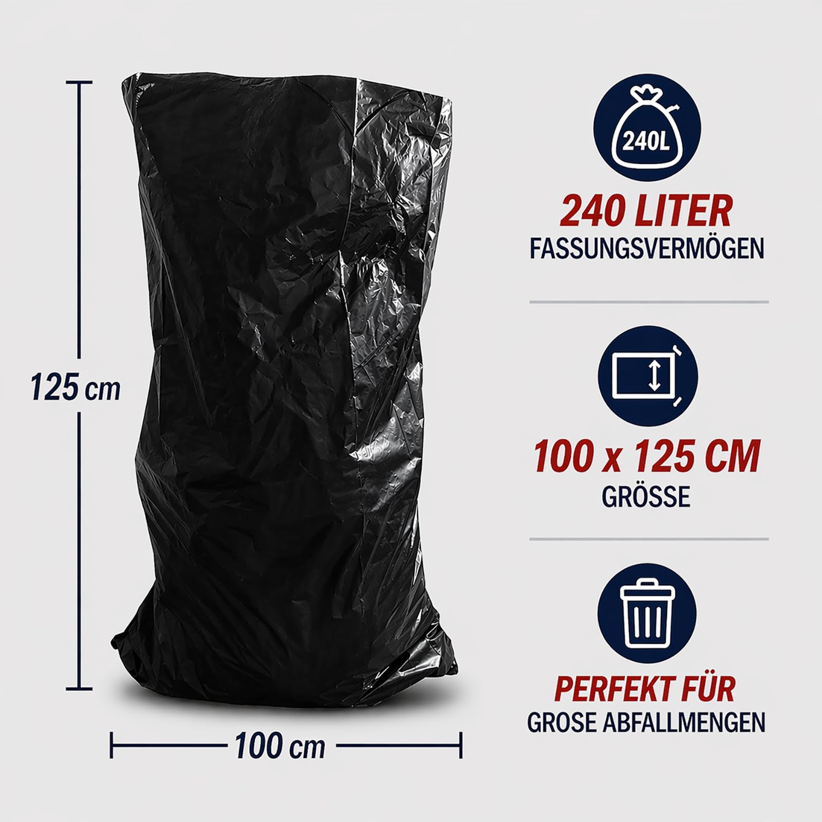 Müllsäcke 240L Extra Stark 60my 100 Stück 100x125cm schwarz