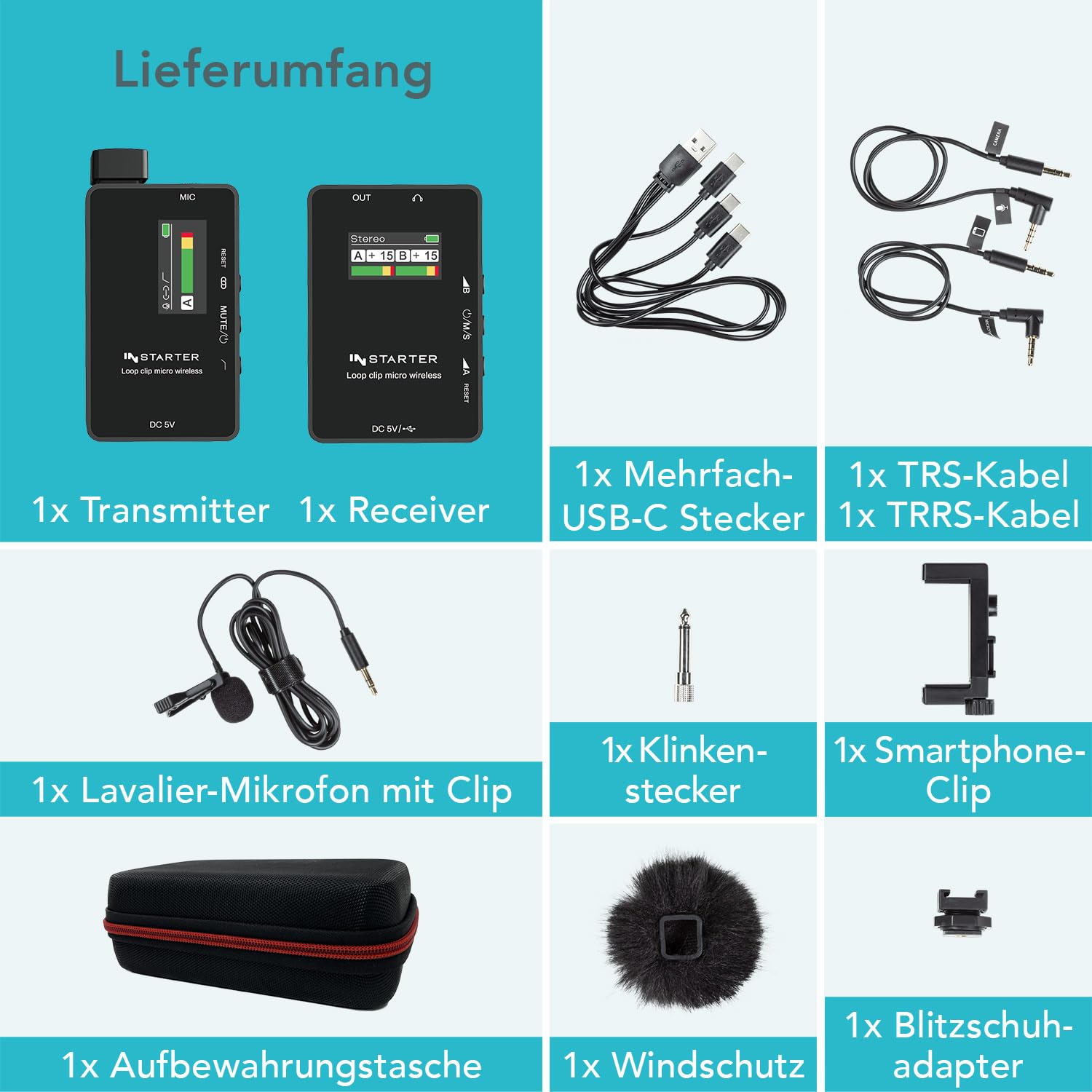 Kit Microfono Lavalier Wireless per Smartphone, Tablet e PC con Trasmettitore, Ricevitore, USB-C e Jack 3,5 mm