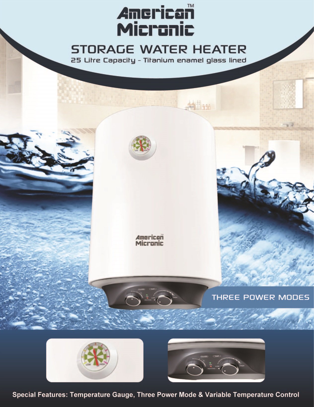 Buy AMERICAN MICRONIC-Imported Water Heater, 25 Litre, 8 Bar Pressure,  Titanium Glass Lined Seemless Steel Tank, 3 Power modes (800W 1200W 2000W )  with Variable Temprature Control, Mangesium Anode (White)-BEE 5  Star-AMI-WHM3-25LDx