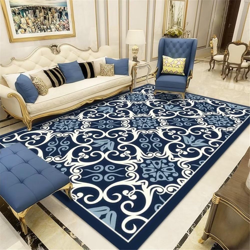 Tapis de salon bleu floral et géométrique 50x80cm pour décoration