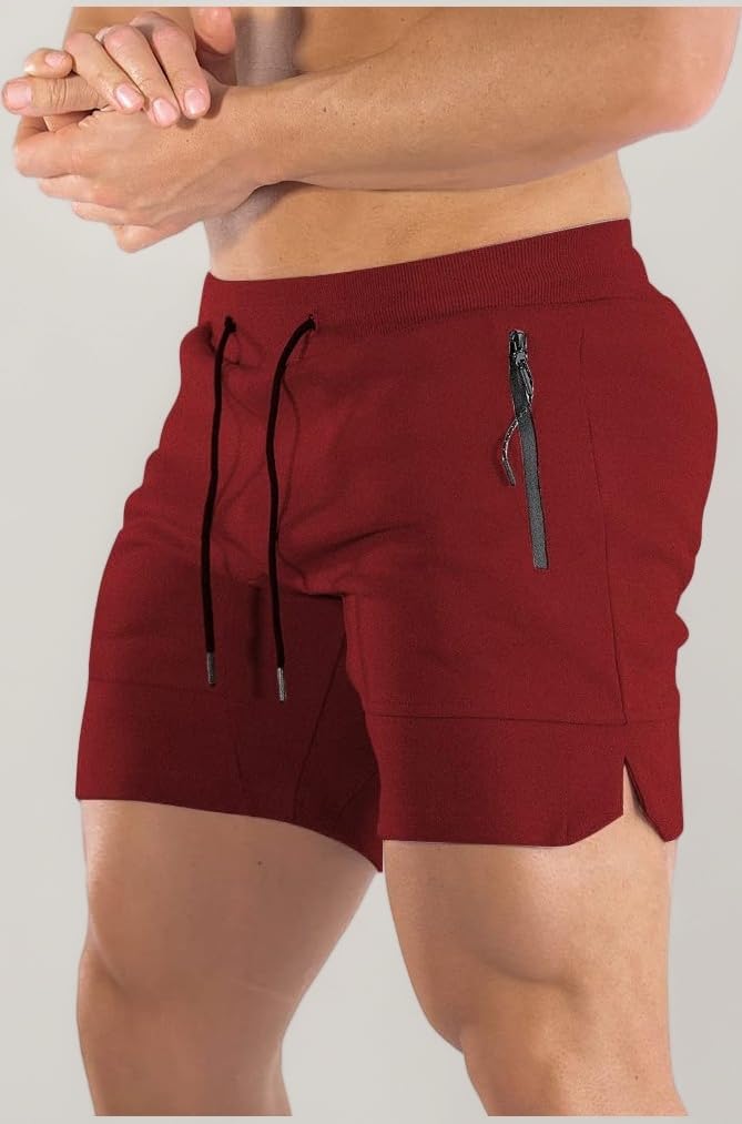 Men's 5" Gym Workout Shorts,Fitted Jogging Short Pants for Bodybuilding Running Training with Zipper Pockets, Wine Red, Small