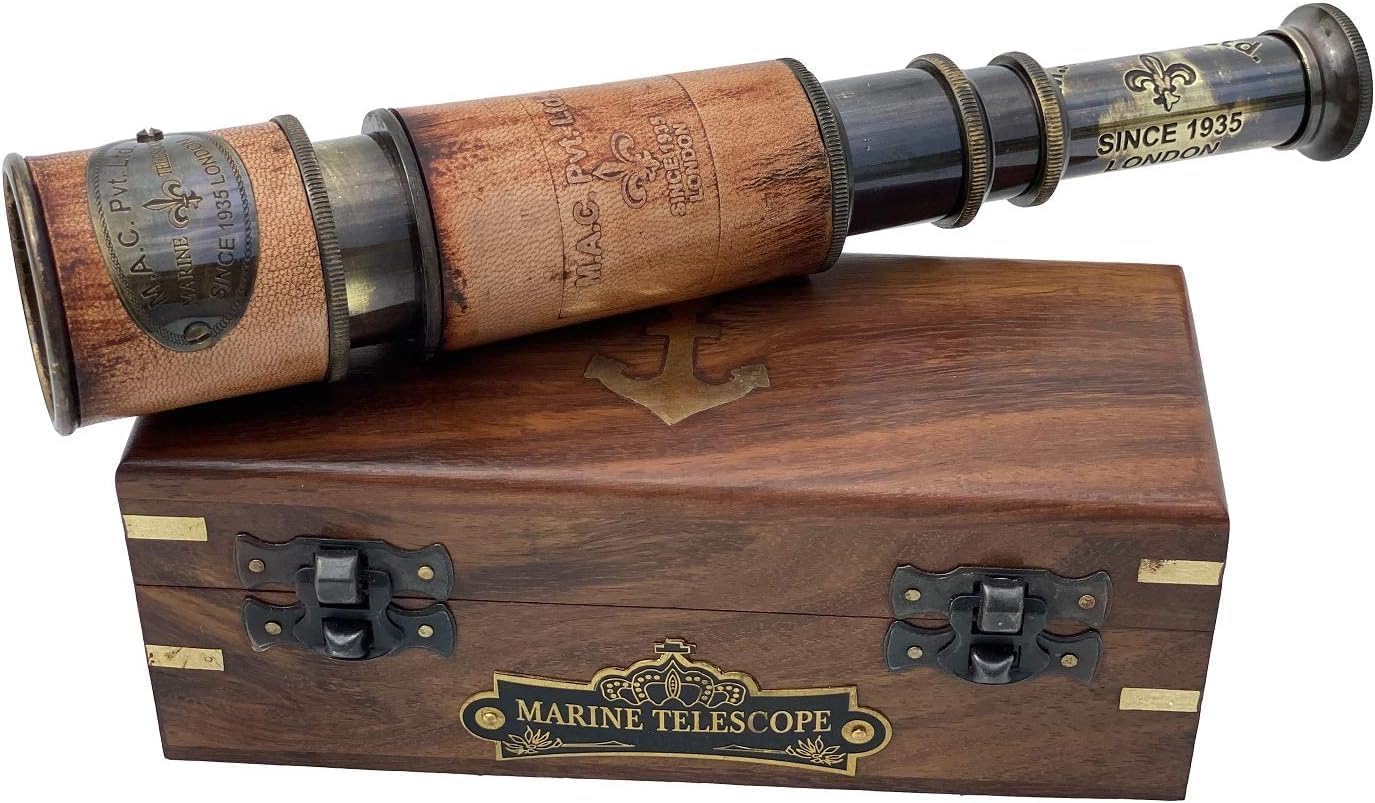 Telescope Maritime Sailors Masterpiece – 15" Handheld Brass Spyglass with Wooden Box – Nautical Pirate Scope – Vintage Marine Telescope for Collectors Gift