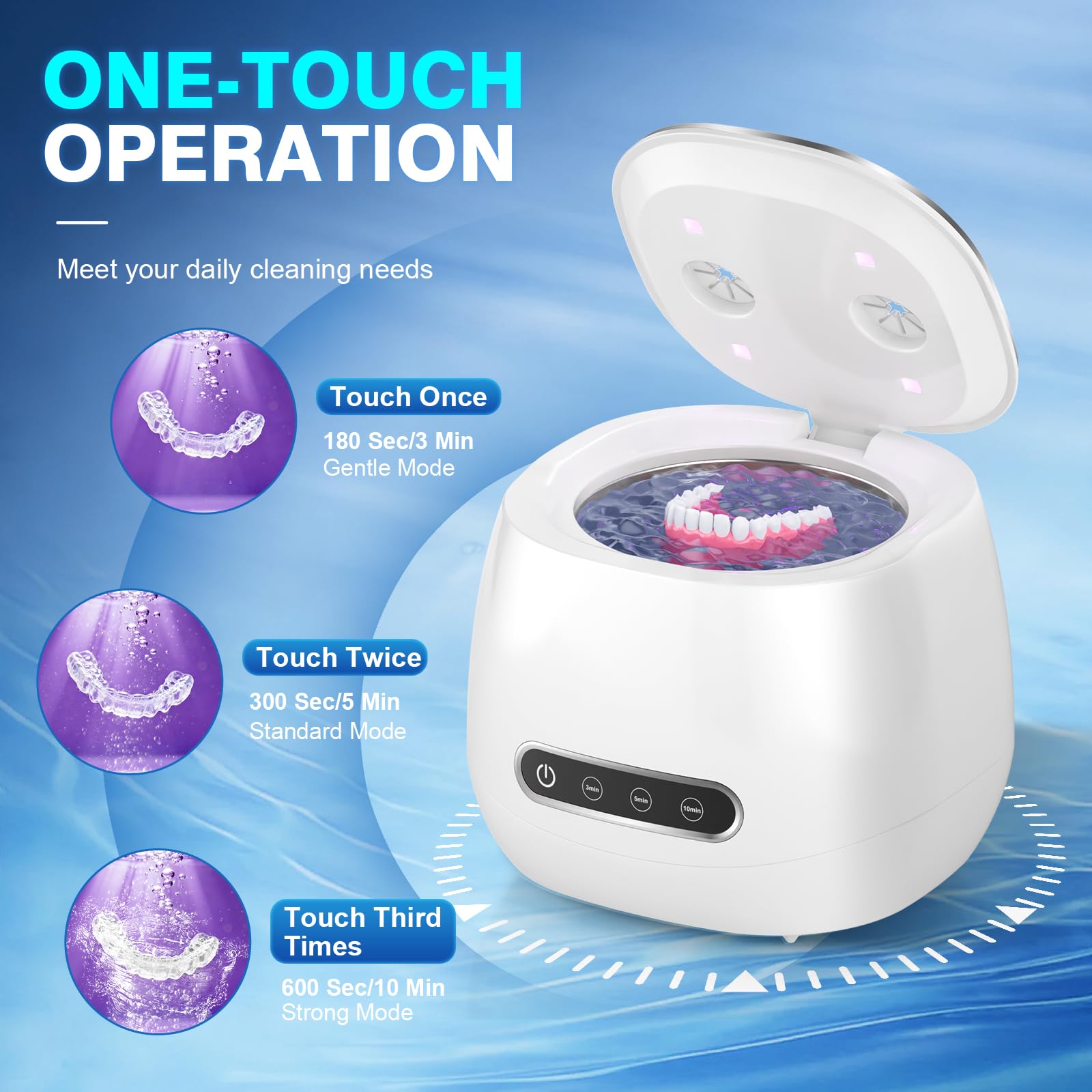 Máquina limpiadora ultrasónica recargable, 45 kHz, cápsula de limpieza dental portátil para dentaduras postizas, protectores nocturnos, aparatos ortopédicos, alineador, cepillo de dientes, joyas, 3
