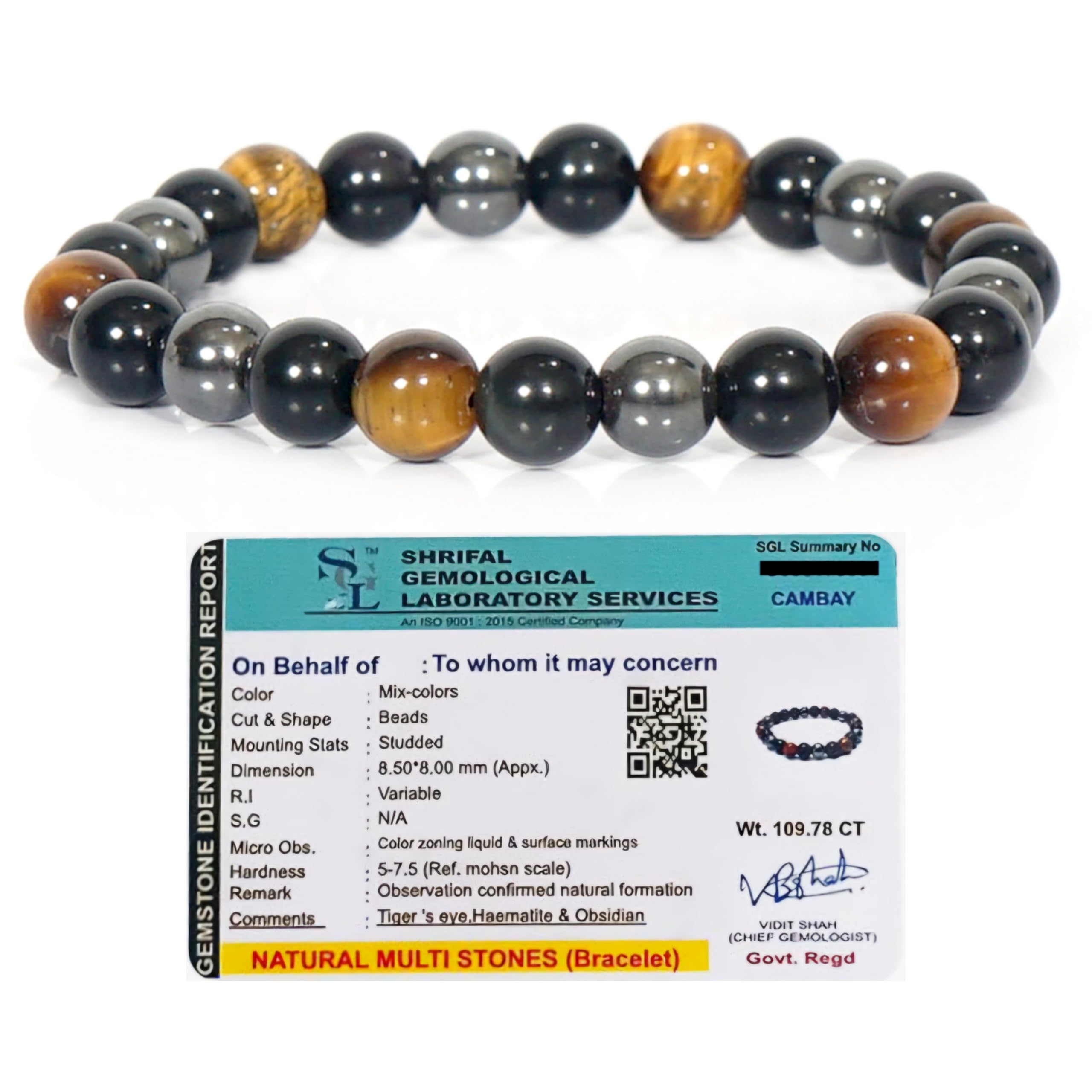 HEALING ZONEOriginal Triple Protection Bracelet Certified for Men and Women - Natural Energised Tiger Eye Stone, Black Obsidian, Hematite Stone for Power, Protection, Good Luck - 8MM Beads