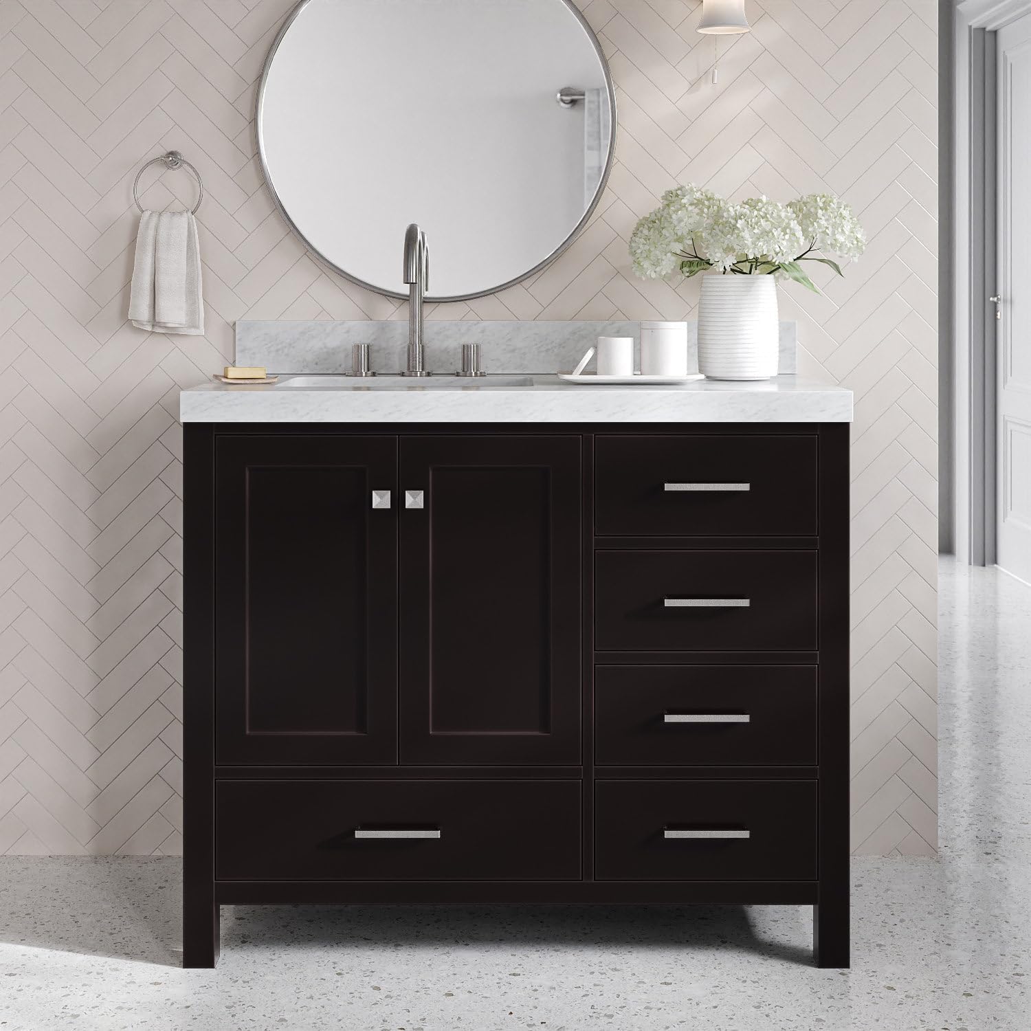 DKB Beckford 42-Inch Espresso Bathroom Vanity, Single Left Oval Undermount Sink, 2-Inch Carrara Marble Countertop, 2 Soft Closing Doors, 5 Dovetail Drawers, Solid Wood Cabinet