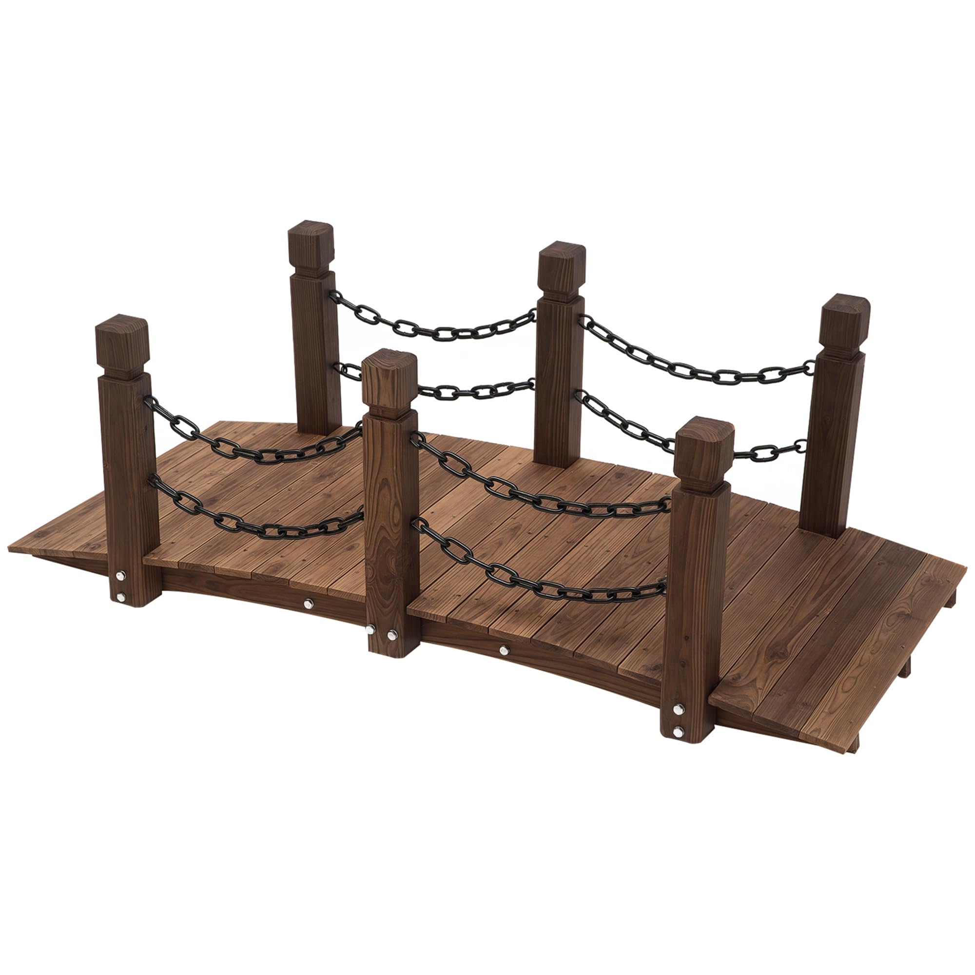 Outsunny 5 ft Wooden Garden Bridge Arc Footbridge with Metal Chain Railings Solid Fir Construction Carbonized