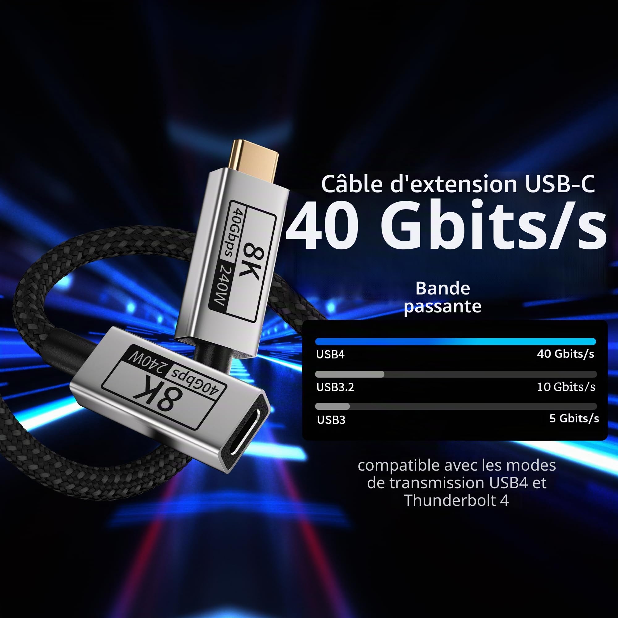 long 3 M Rallonge USBC Compatible Thunderbolt 5/4/3,USBC Extension 40Gbps Transfert de Données,Rallonge Type C Mâle-Femelle 240W Charge Rapide,8K@120Hz Pour Moniteur,SSD,Docking.