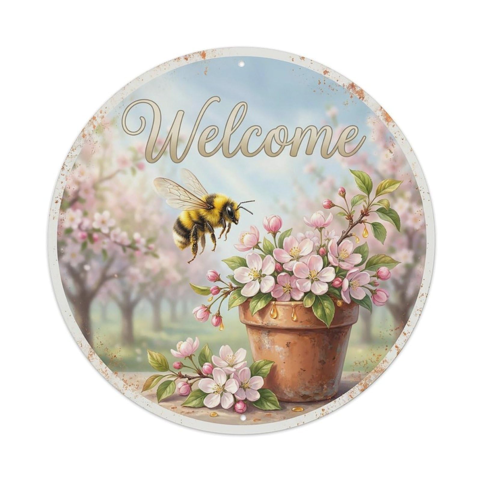 Welcome Bee Orchard Blossoms Vintage Metal Tin Sign Plaque Wall Decor for Cafe, Club Bar, Office, Garden Metal Poster 8x8Inch