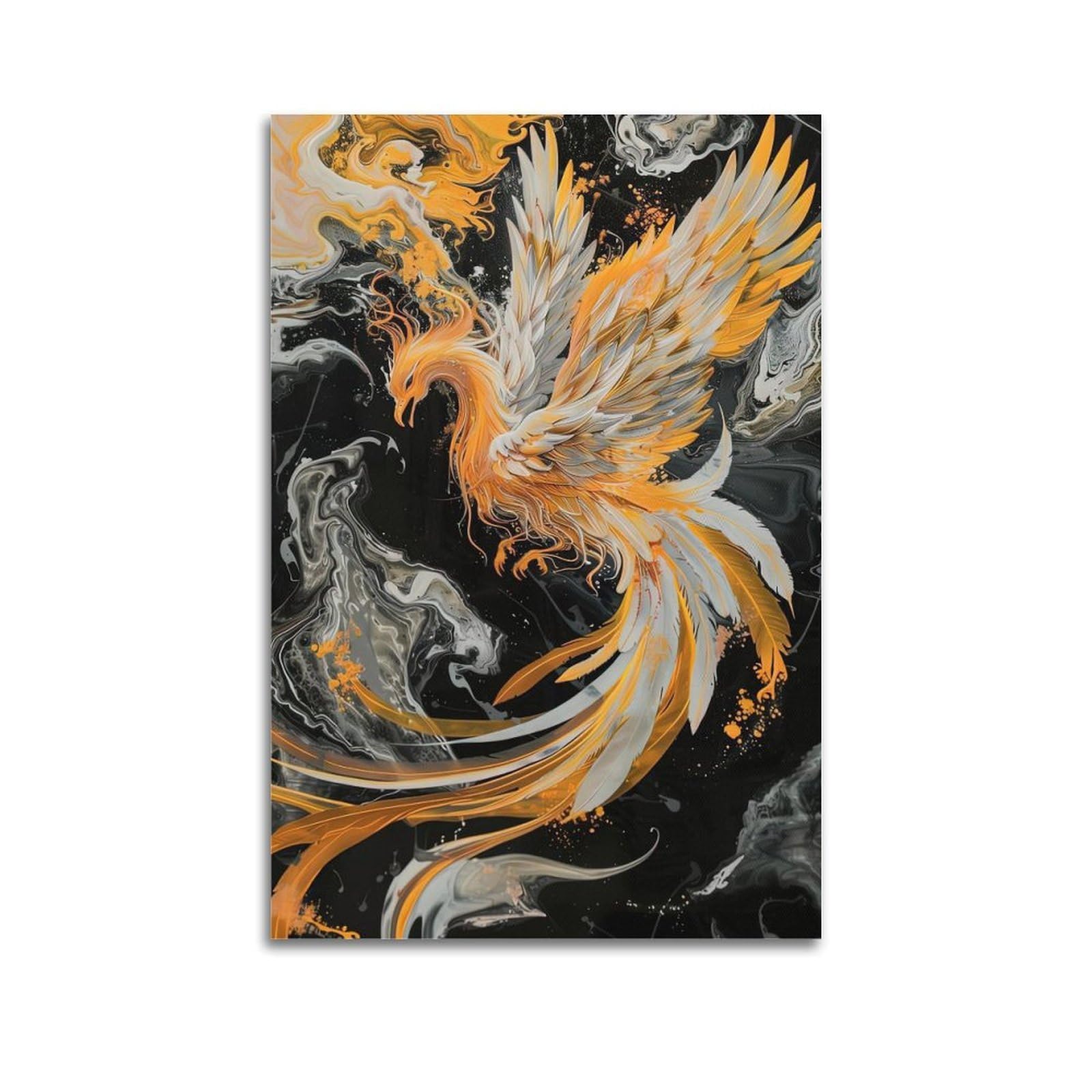 DLJGDS Mythical Phoenix Art Print with Striking Orange - White Feathers Decorative Painting Canvas Wall Posters And Modern Family Bedroom Decor 24x36inch(60x90cm)