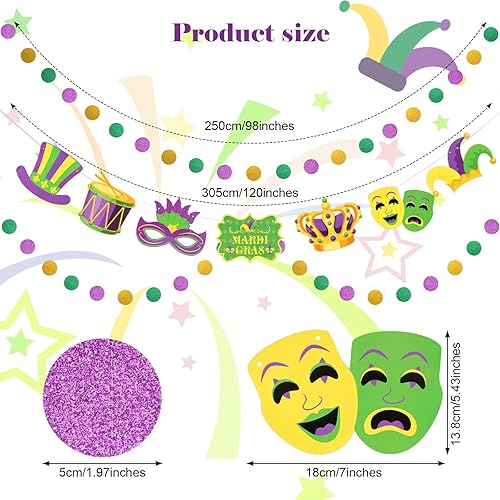 Miniatura 2 de Fumwase Cartel de papel para máscara de Mardi Gras y guirnalda de círculos de papel de Mardi Gras brillante, guirnalda de puntos verdes, morados,