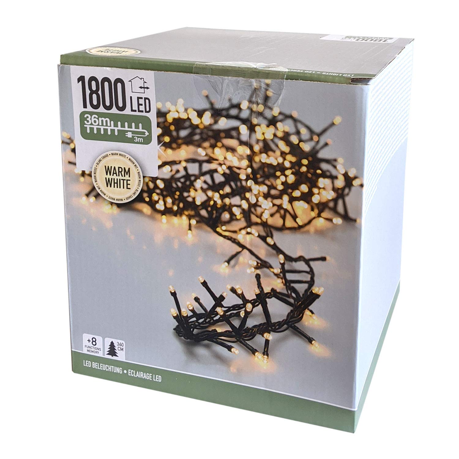 Catena luminosa a grappolo 1800 LED 36m LED bianco caldo, 8 effetti di luce, illuminazione interna ed esterna, illuminazione esterna per albero di Natale