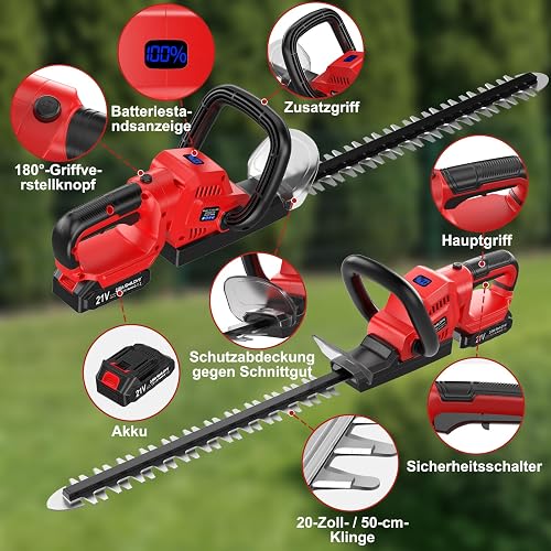 SMILOVII Taille-Haie sans Fil 21V, Moteur 850W, Lame 50cm, Poignée Pivotante 180°, Taille-Haie Électrique Pro avec 2 Batteries Lithium 2.0Ah pour Entretien du Jardin - 6
