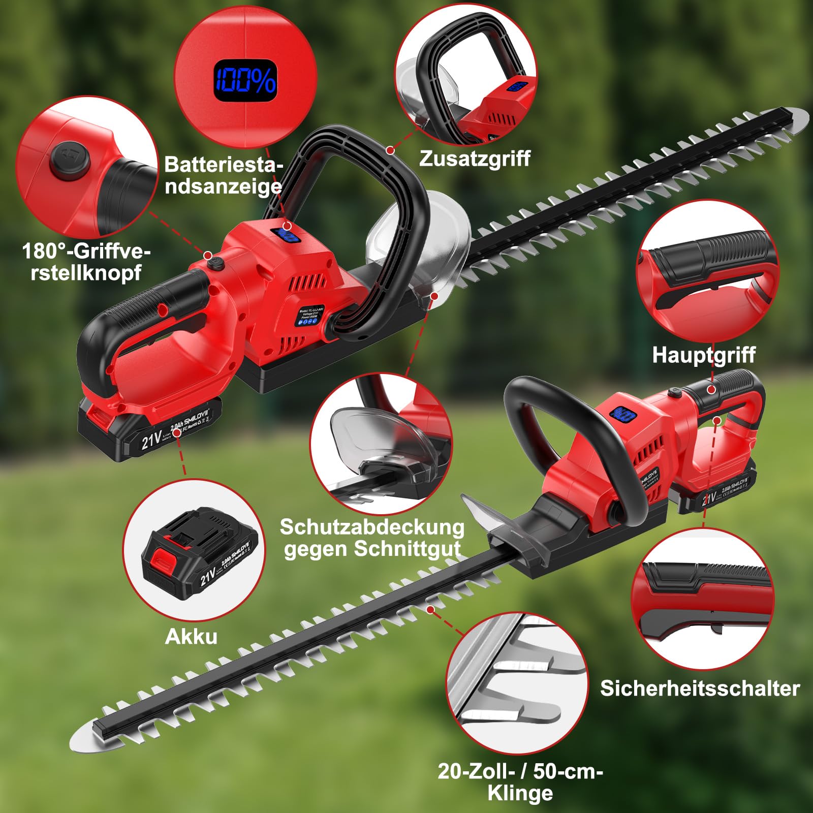 Cortasetos Inalámbrico SMILOVII 21V 850W, Cuchilla 50cm, 2 Baterías 2Ah y Cargador, Mango Giratorio 180° y Diseño Ergonómico para Jardín y Setos