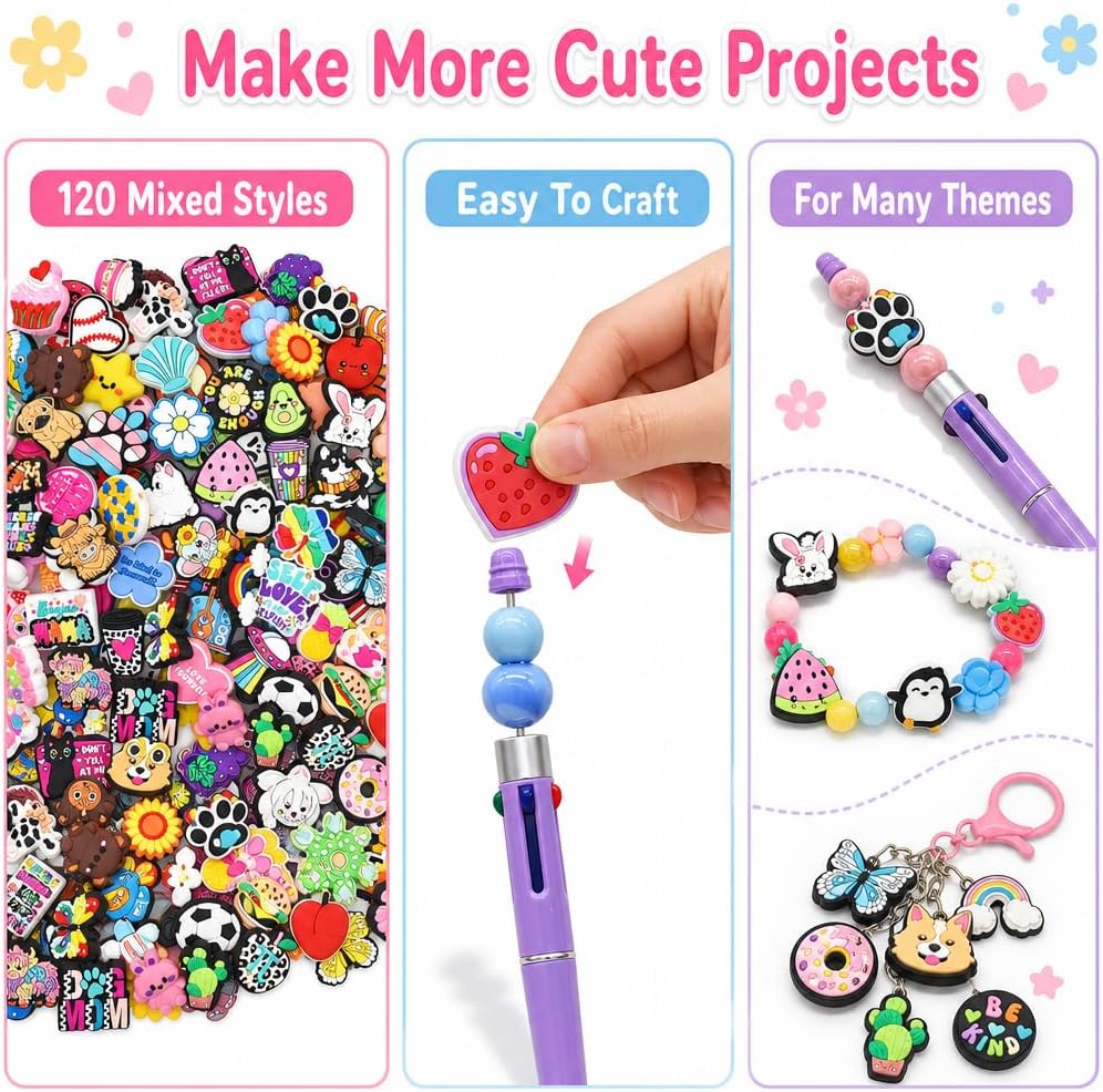 120Pcs Silicone Focal Beads Bulk Mixed Cute Loose for Beadable Pens Keychains Jewelry Making DIY Gift Class Prize