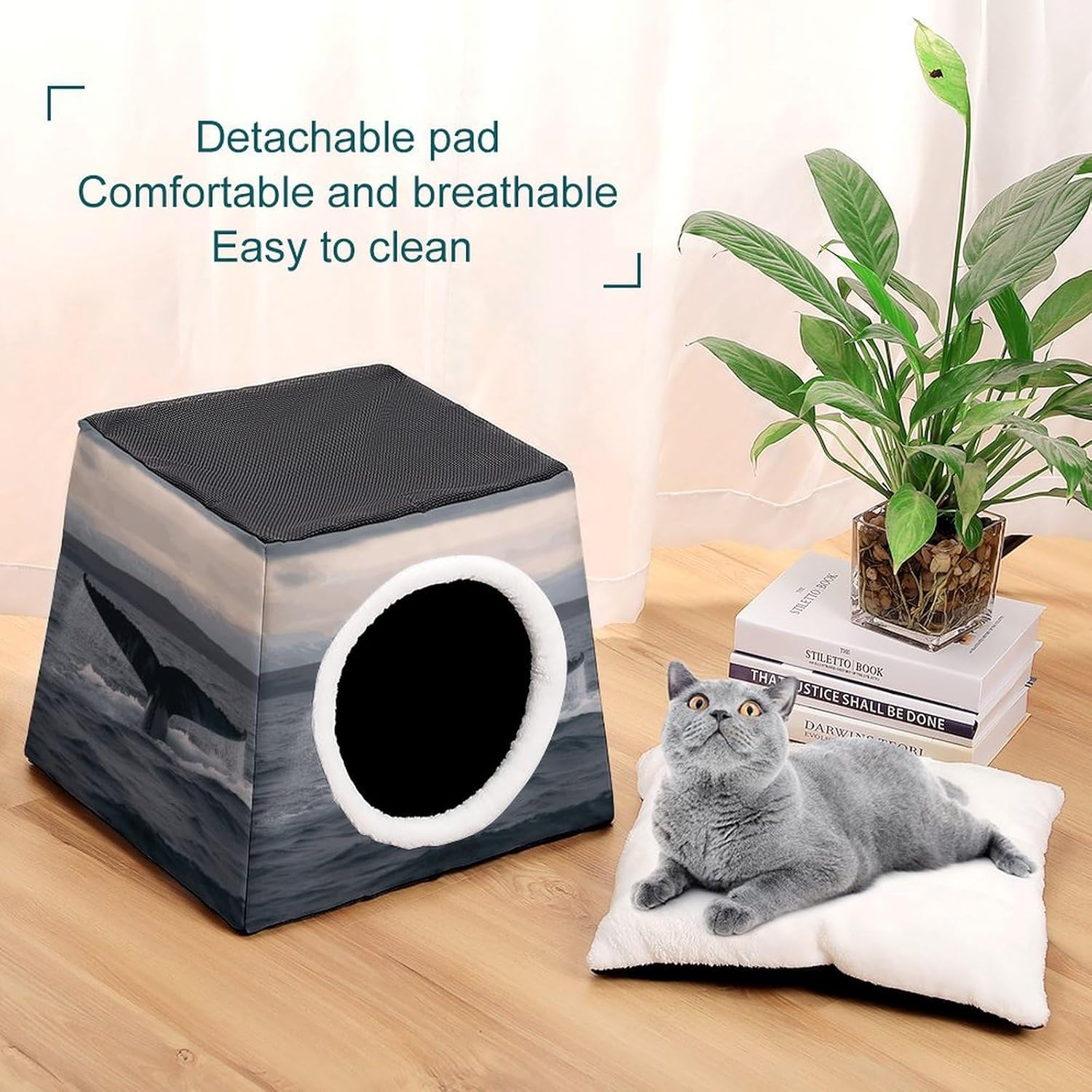 Pet Sleeping Nest Bed, Humpback Whale Tail Ocean Printed Dog House Cat Nest, Winter Pet House are Suitable for Most Cats, Dogs, and Other Small Pets