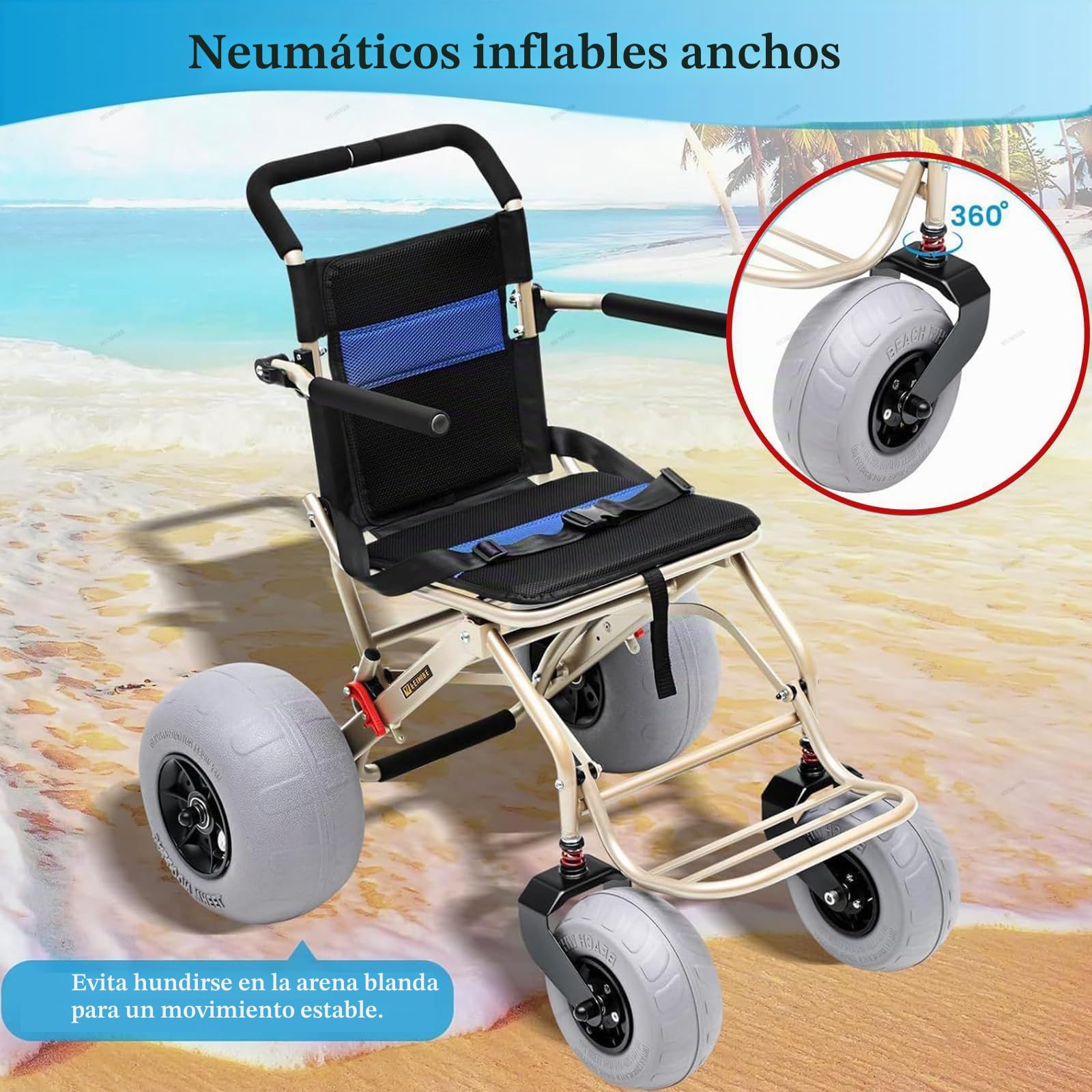 Silla De Ruedas Ligera Para Playa, Ideal Para Personas Mayores Y NiñOs, Todoterreno, Con NeumáTicos De Globo De 12'' Y 9'', DiseñO Plegable, Ruedas De LiberacióN RáPida, Capacidad De Carga De 220 Lb.