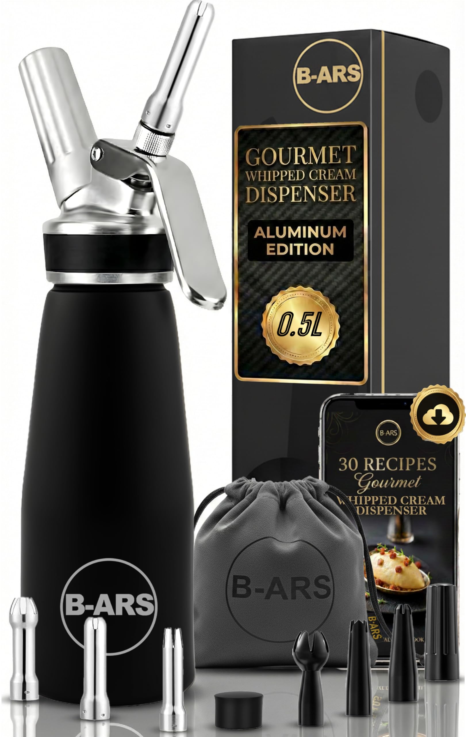 Professional Whipped Cream Dispenser Aluminium 500ML With Stainless And Plastic Nozzles Includes Cleaning Brush Carry Bag Ebook For Mousses Toppings Foams Ideal For Home And Dessert Lovers