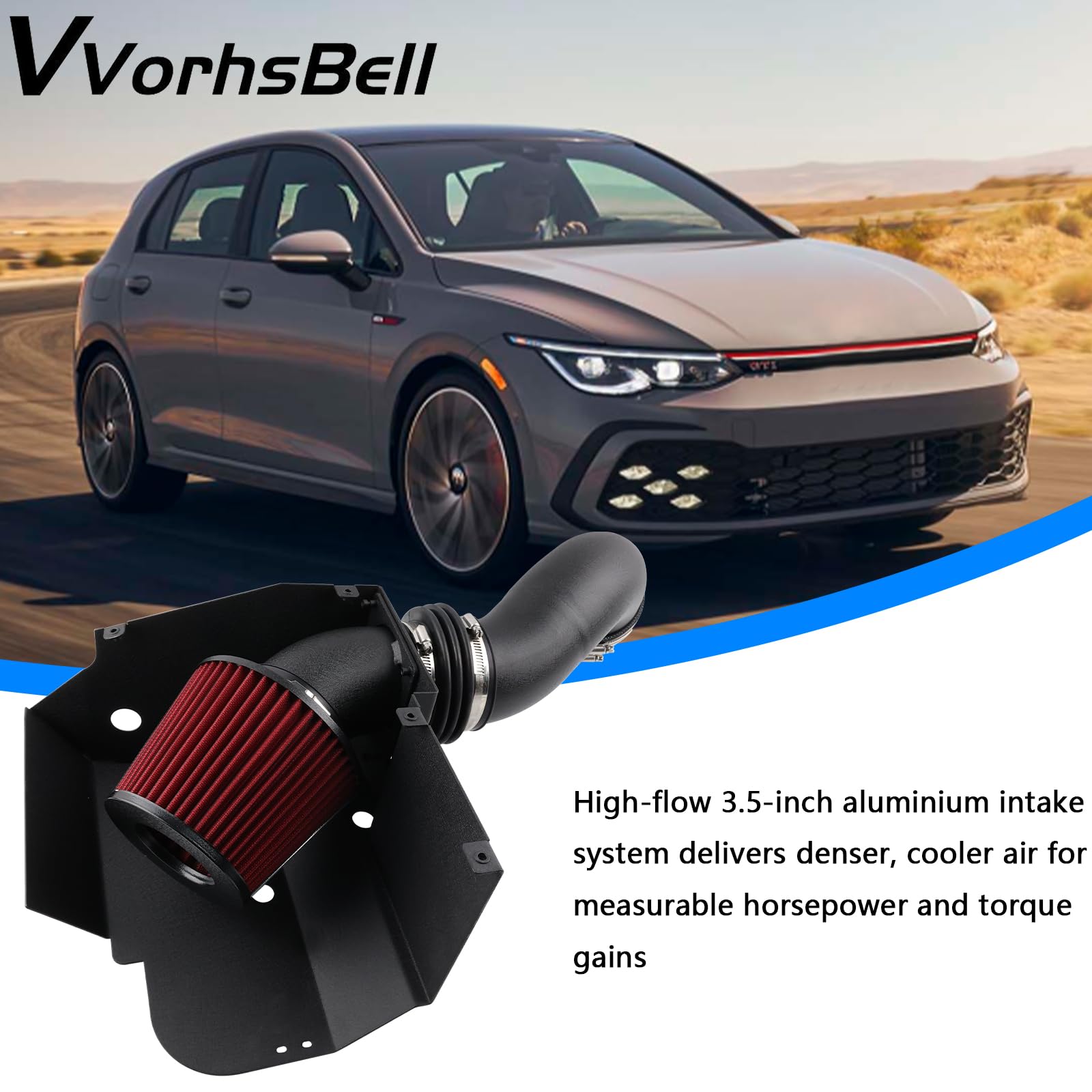 Zestaw Wlotu Zimnego Powietrza, Kompatybilny Z Volkswagen Golf GTI MK8 2020+ 2.0 TSI EA888 EVO4, Rura Aluminiowa 8,9cm Z Osłoną Cieplną I Zmywalnym Filtrem Stożkowym Montaż Bez Modyfikacji