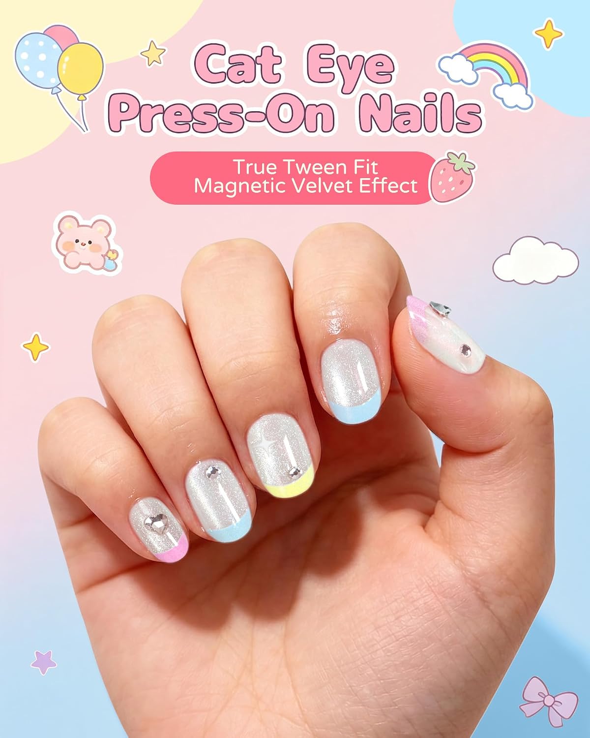3D Cat Eye Kids Press On Nails, Short Squoval Fake Nails, 72Pcs
