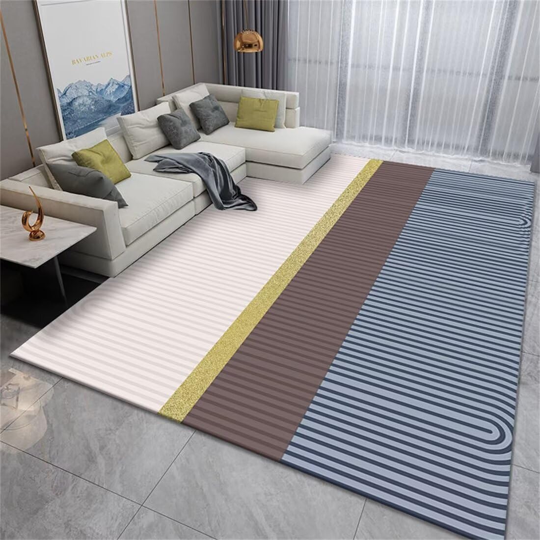 Tapis de salon géométrique bleu gris carré pour espace de vie