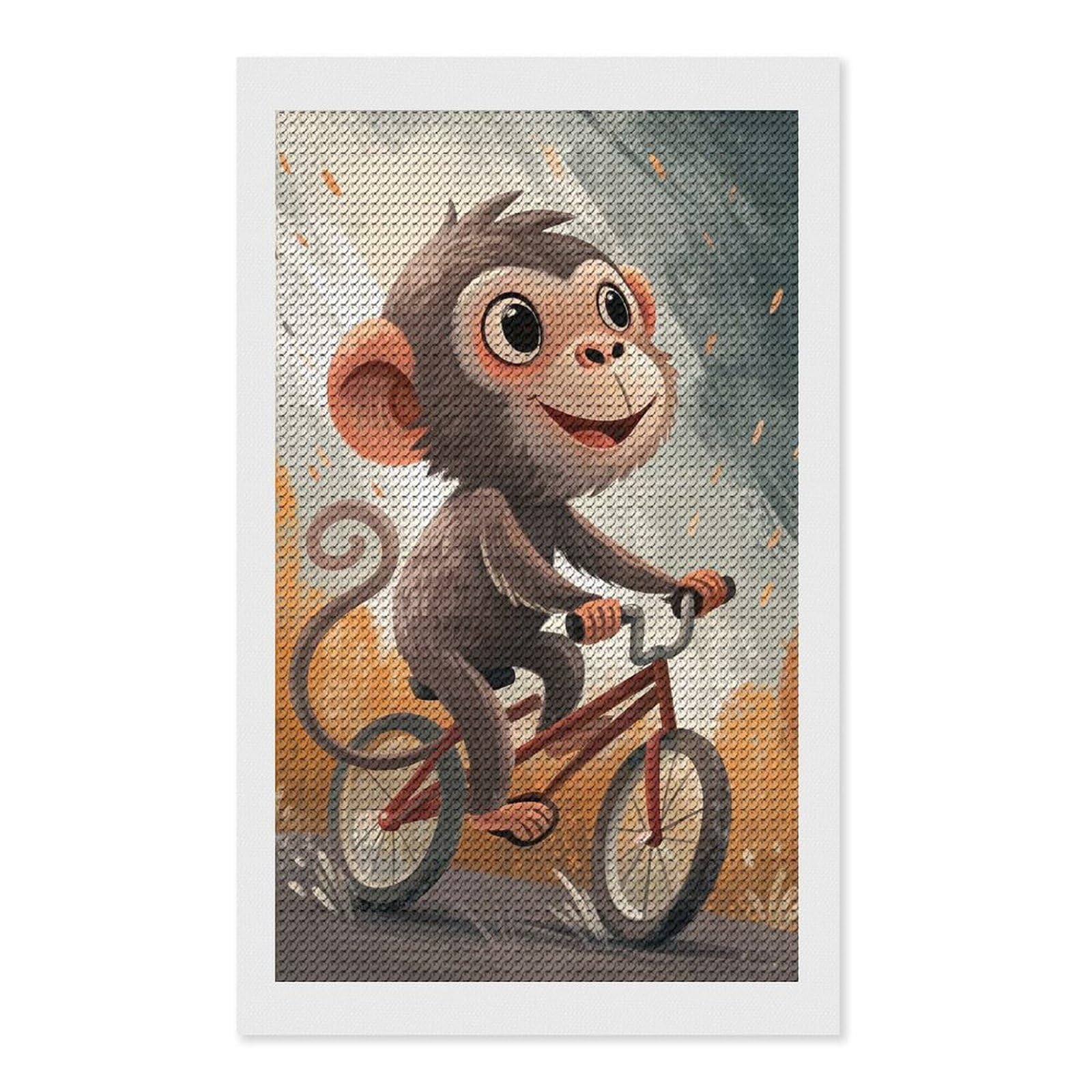 Junmoney Monkey on A Bicycle Illustration Round Drill Diamond Painting 12"x20", Satisfying Creative Project, Complete Accessories, Printed Canvas