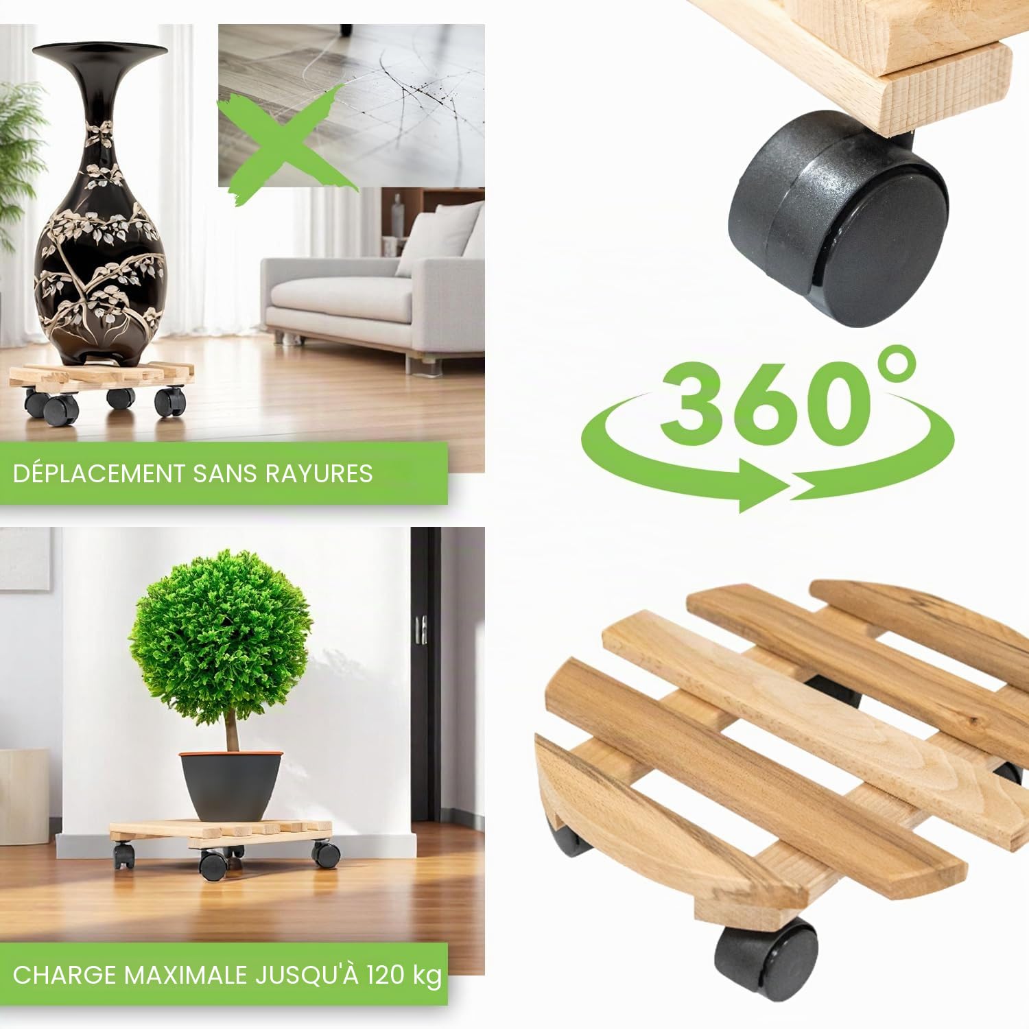 ITA 10x Supports pour Plantes avec Roues en Bois de Hêtre - Charge Max. 120 kg - 5X Ronds Ø 30 cm & 5X Carrés 30x30 cm - pour Pots & Meubles - Intérieur & Extérieur - Fabriqué dans l'UE