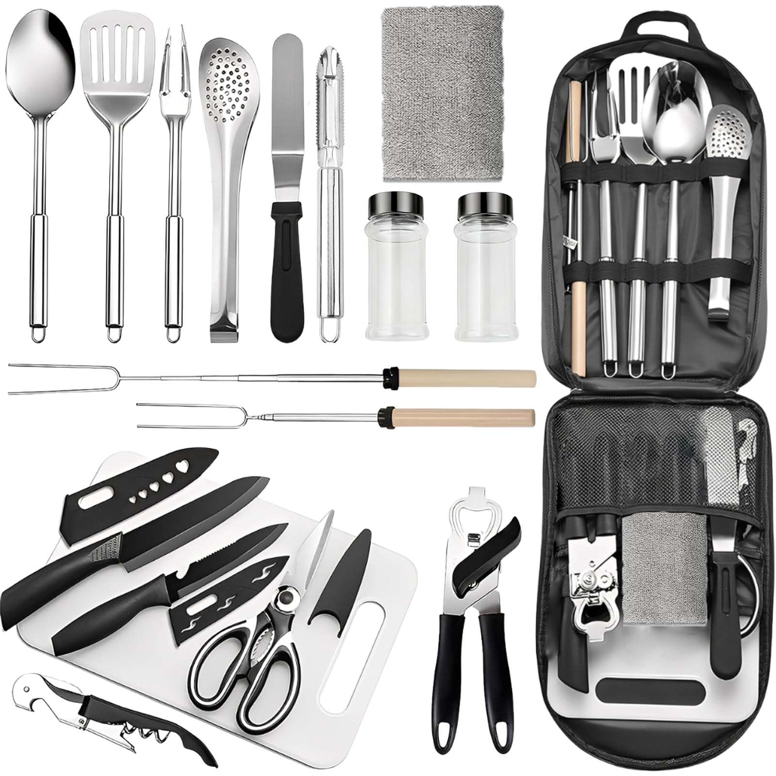 Houbobo Portable Camping Cooking Set, 18PCS Cooking Essentials for Camping Kitchen, Lightweight & Durable Camping Utensils Set for Travel, Hiking, Picnics, BBQs and Parties